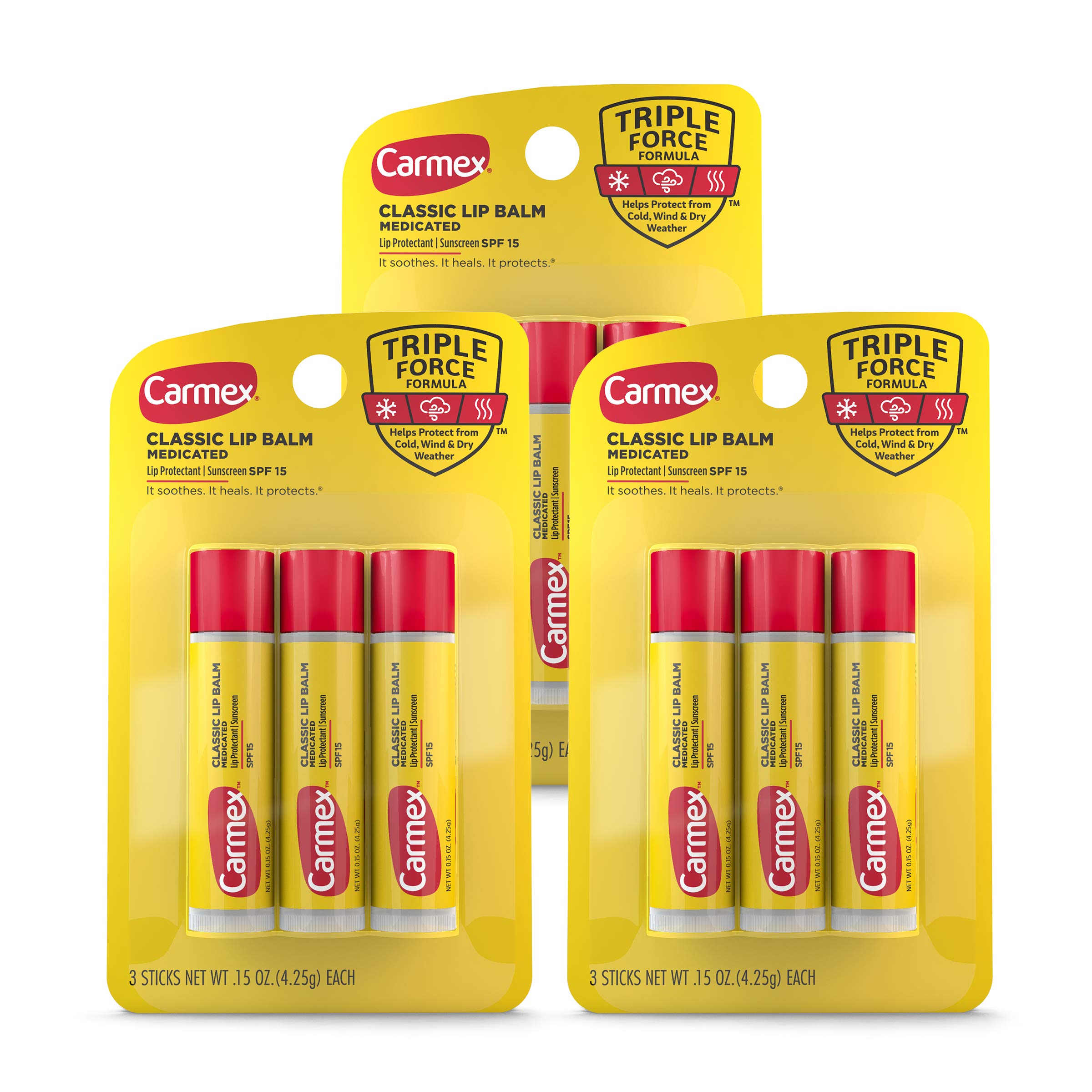 Carmex Classic Medicated Lip Balm Sticks packaging shows a three-pack set for travel