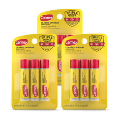 Carmex Classic Medicated Lip Balm Sticks packaging shows a three-pack set for travel