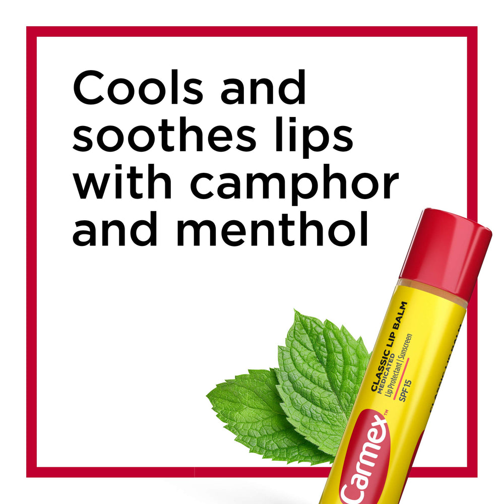 Carmex SPF 15 lip balm stick featured during sunny outdoor activity