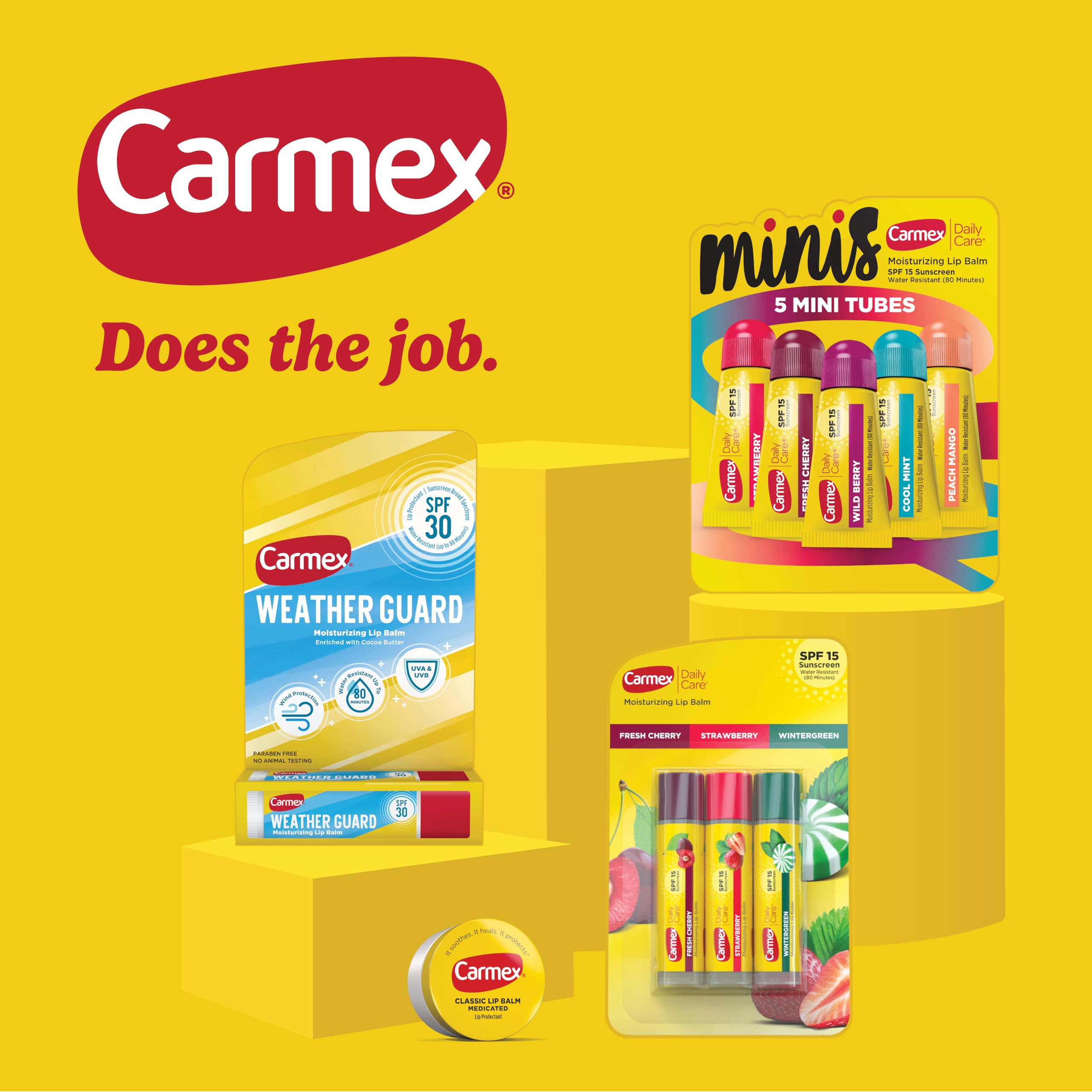 Baume à lèvres Carmex classique, stick SPF15 pour protection solaire des lèvres.