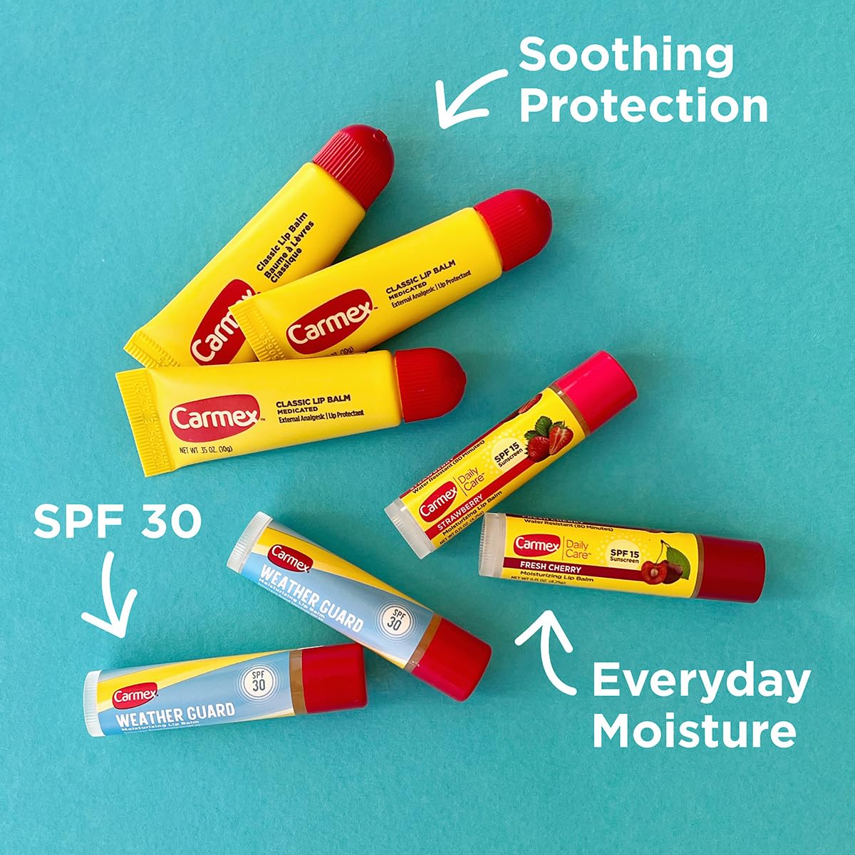 Carmex Daily Care en stick SPF15 fraise, hydratation légère et parfum fruité.