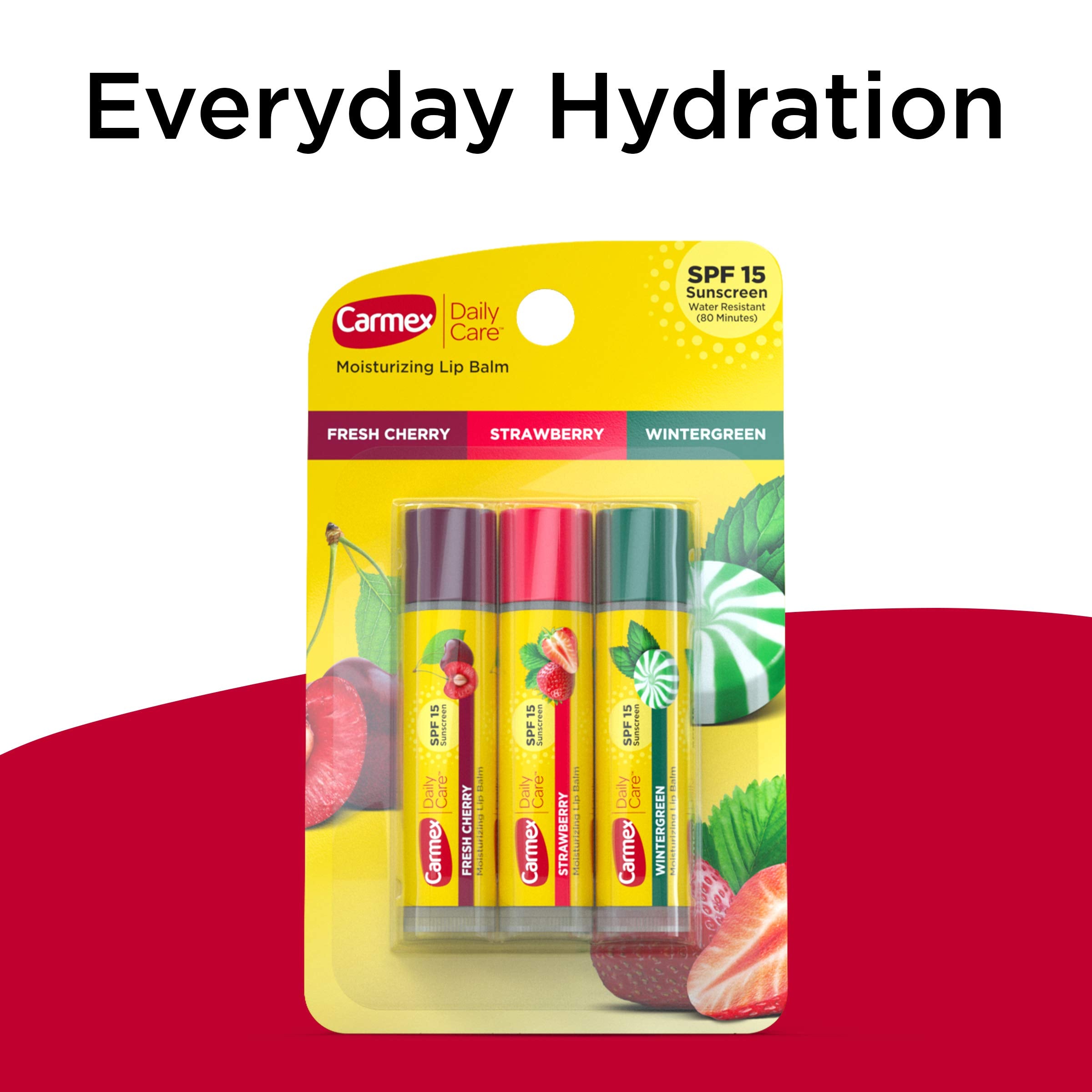 Texture detail of Carmex balm on lips during application.