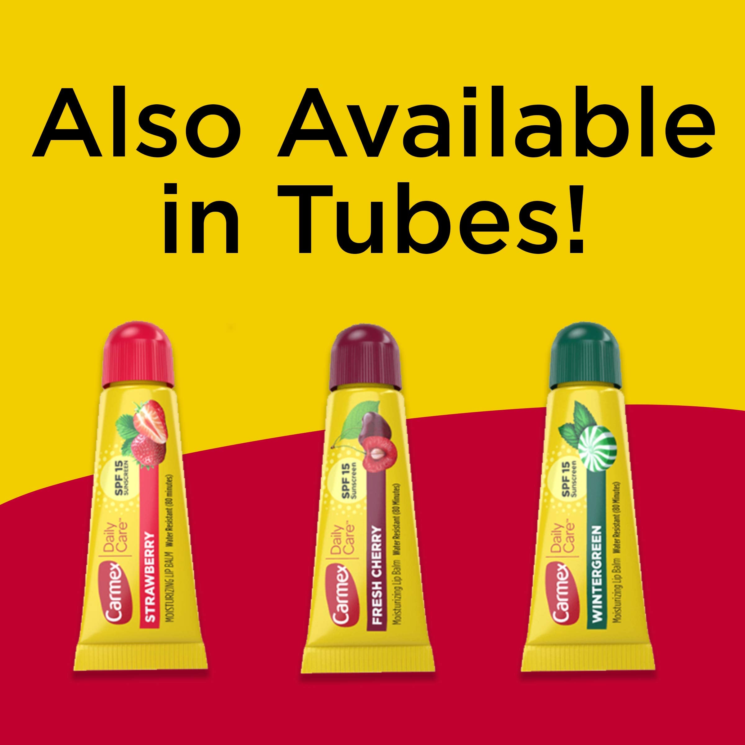 Flat lay of Carmex SPF lip balms in packaging.