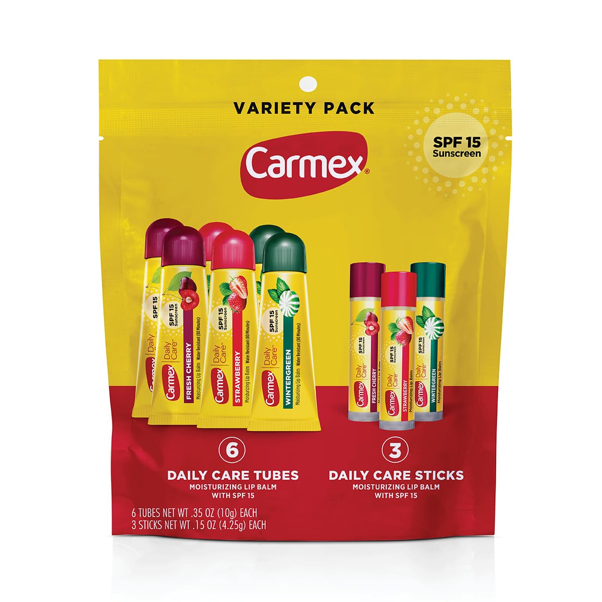 Carmex Soin Quotidien Lèvres SPF15 en tube, hydratation légère pour lèvres sèches.