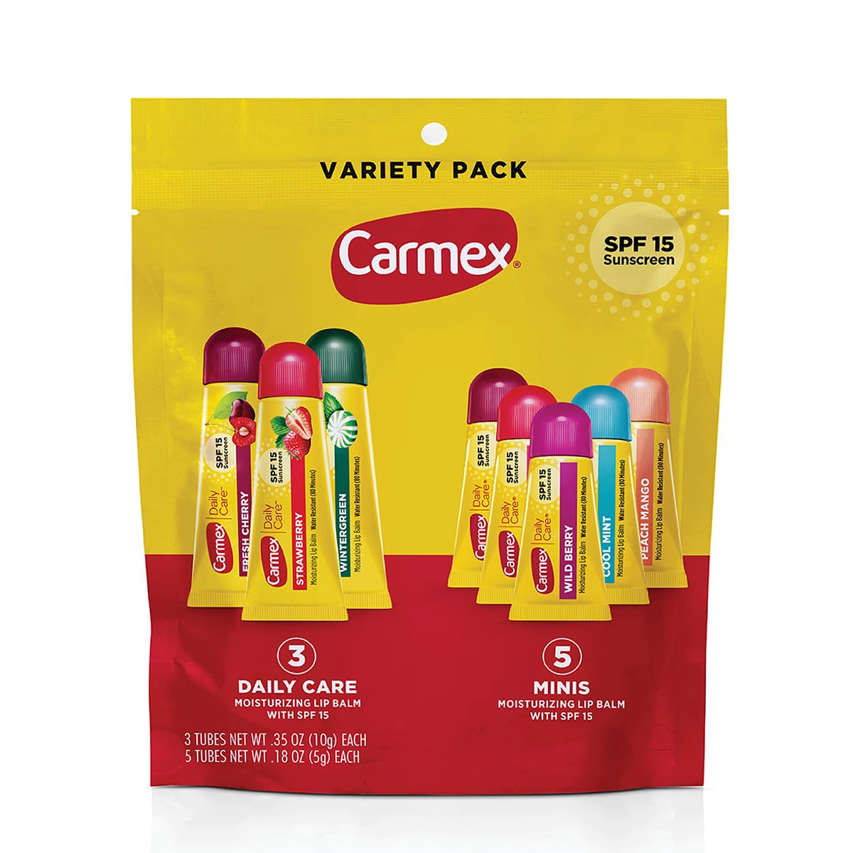 Carmex Soin Quotidien, tube SPF15 à la fraise, pour une protection légère.