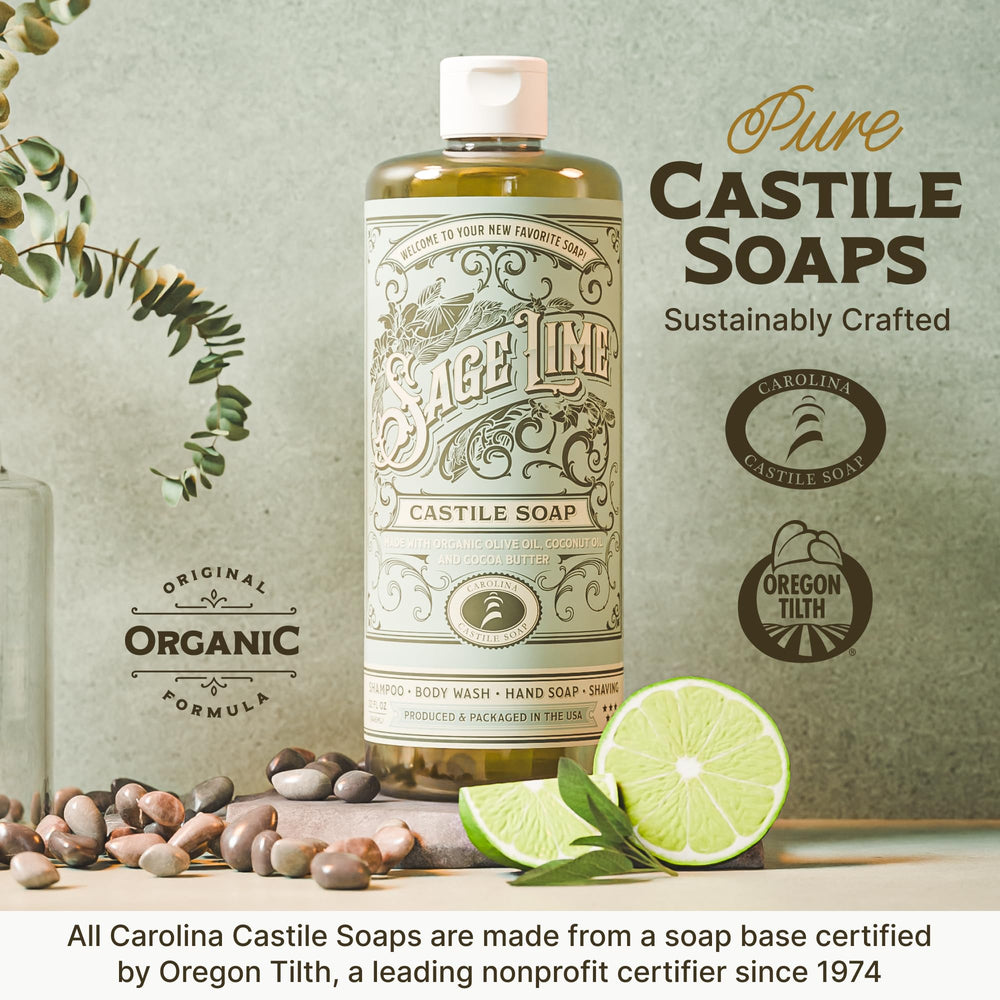 Emballage éco-responsable du Sage Lime Castile, sans cruauté animale.