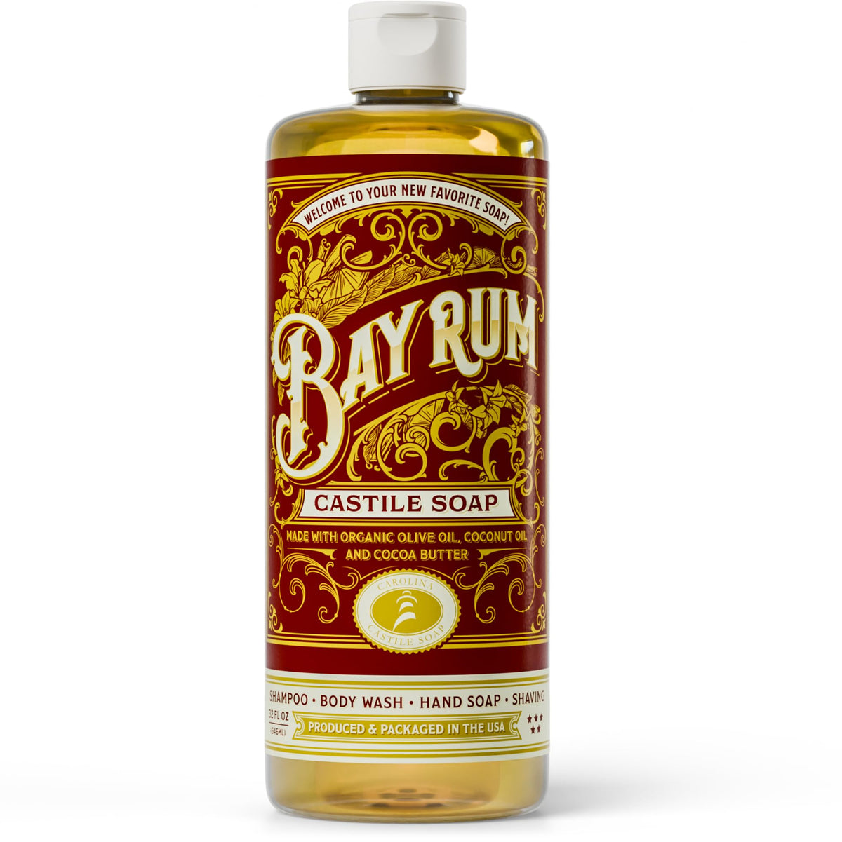 Carolina Castile Soap Bay Rum: bouteille affichant le parfum épicé pour la douche.