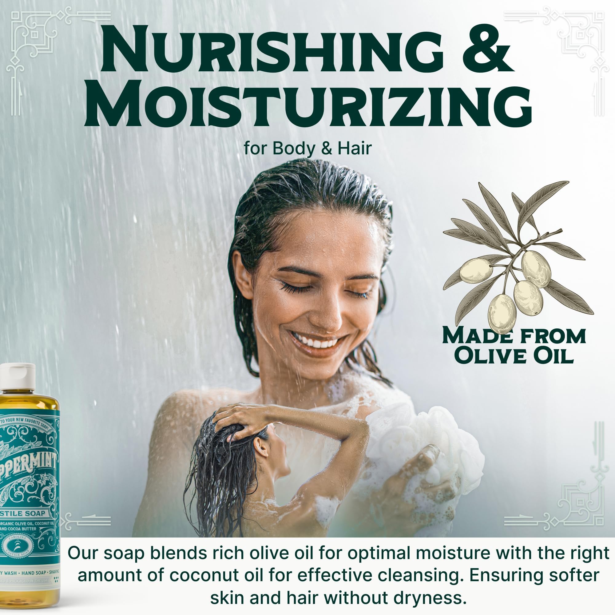 Gouttes de Carolina Castile Soap Menthe dans le flacon, parfum naturel et doux.