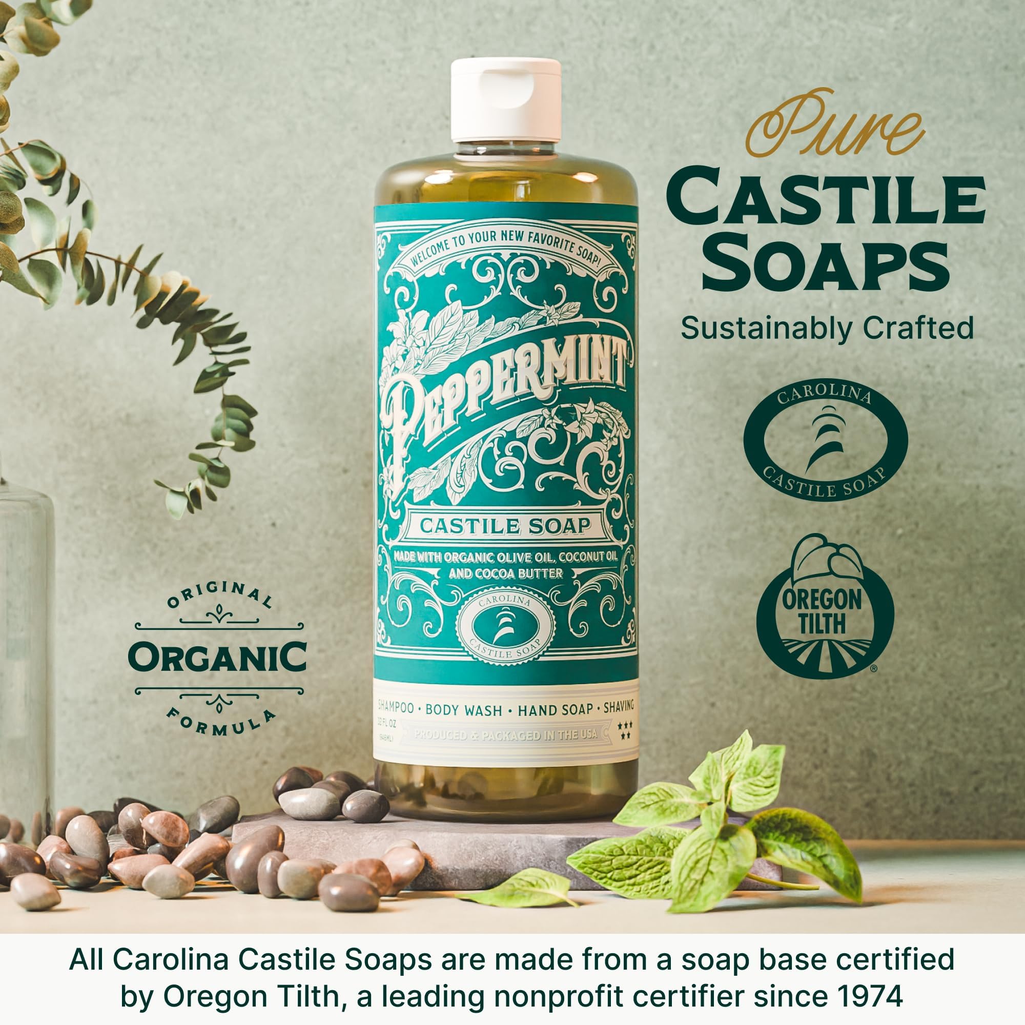 Étiquette bio attestant qualité et naturel pour Carolina Castile Menthe.