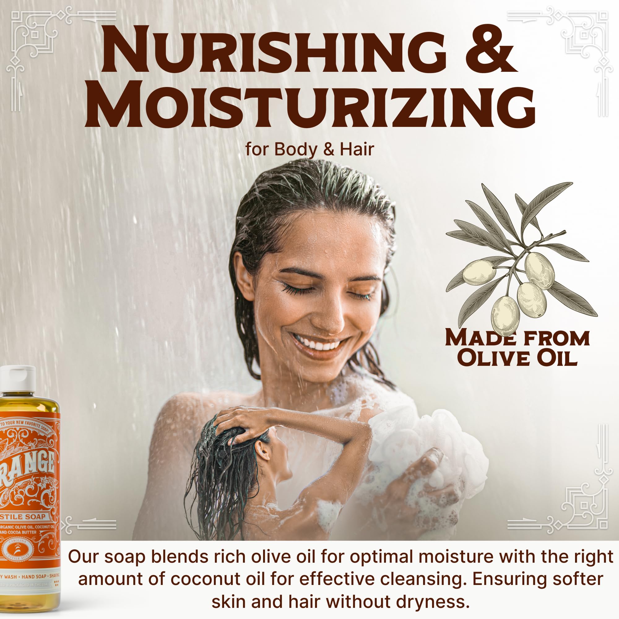 Savon Carolina Castile Orange, senteur citrus vivifiante pour une douche rafraîchissante.