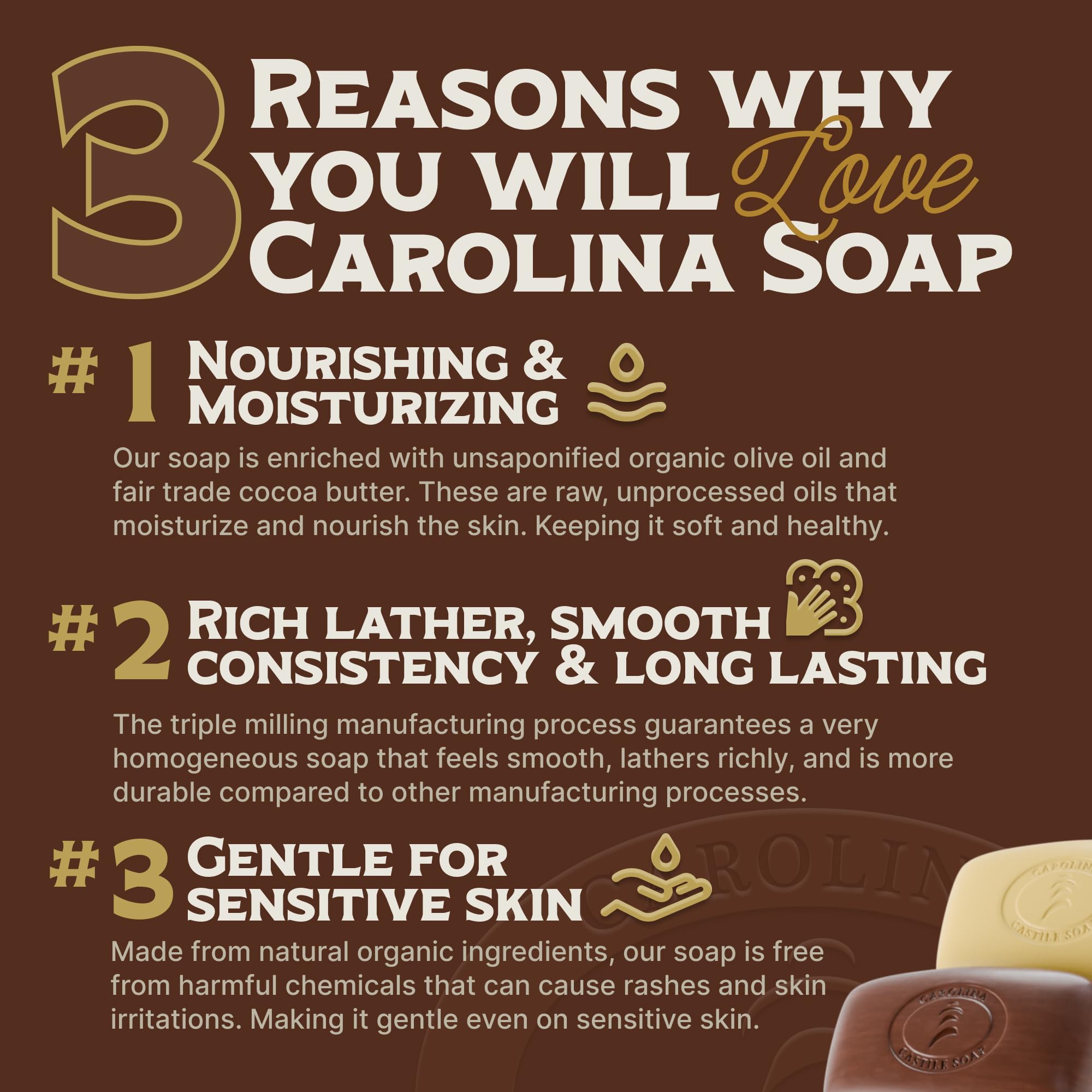 Savon Carolina Castile Soap échantillon Tobacco Vanilla, parfum réconfortant et hydratation durable.