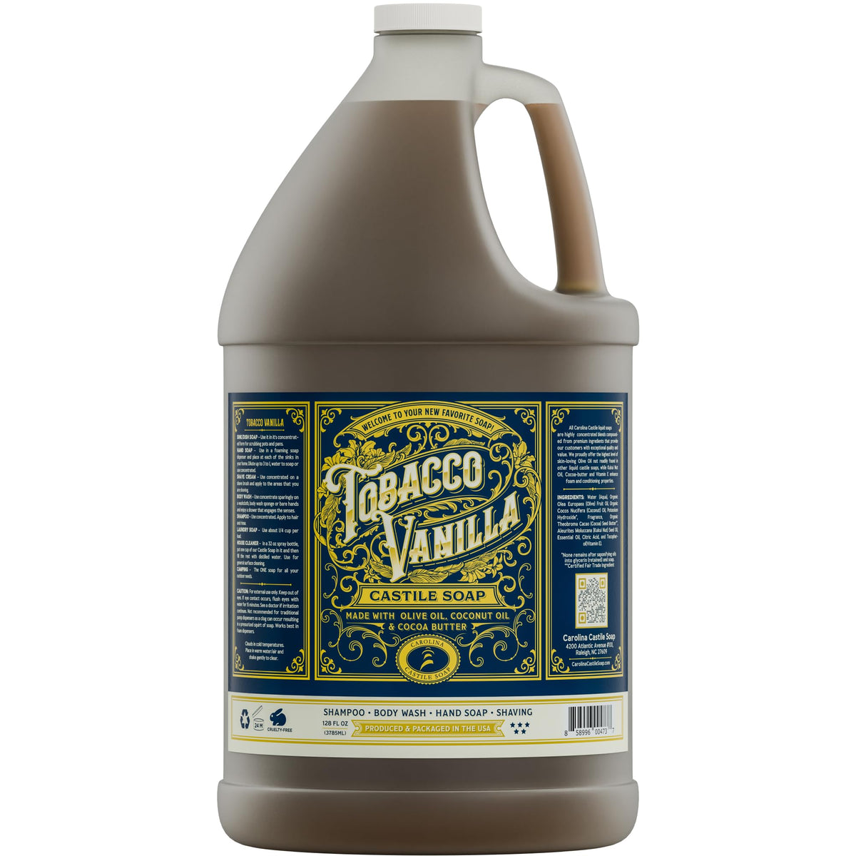 Carolina Castile Tobacco Vanilla, bouteille 1 gal visible, soin corporel polyvalent.