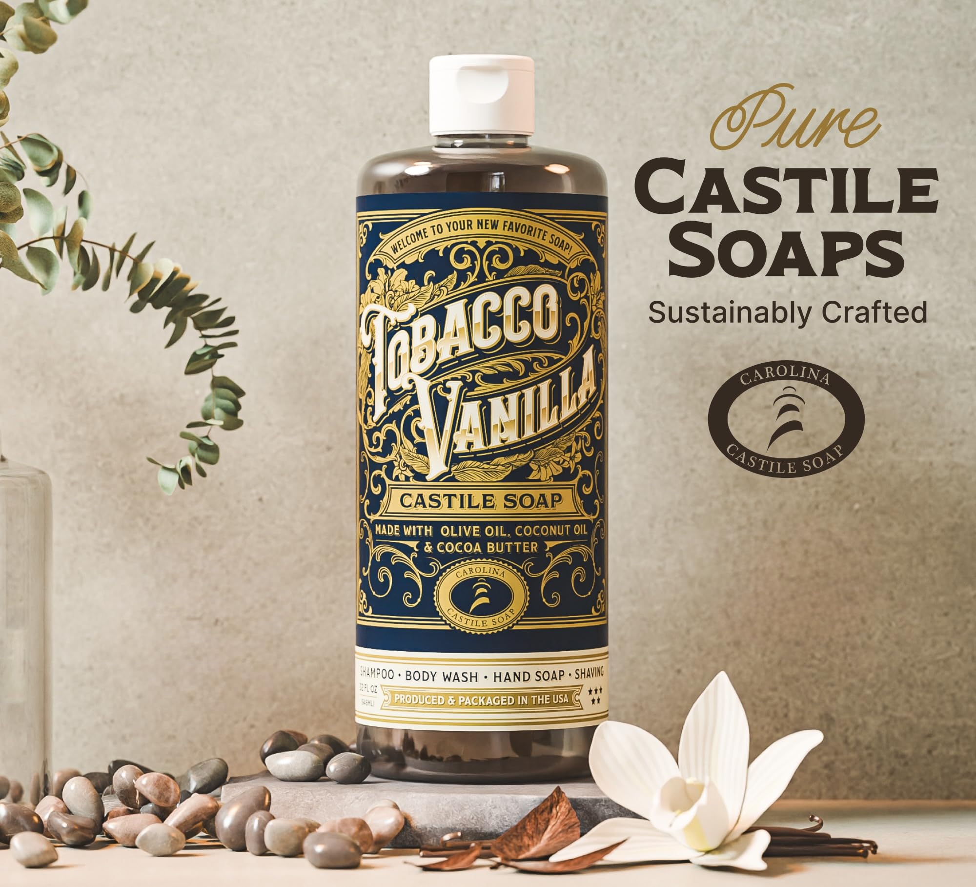 Carolina Castile Tobacco Vanilla, image-conseils-utilisation, polyvalence: corps, cheveux et mains se lavent en douceur.