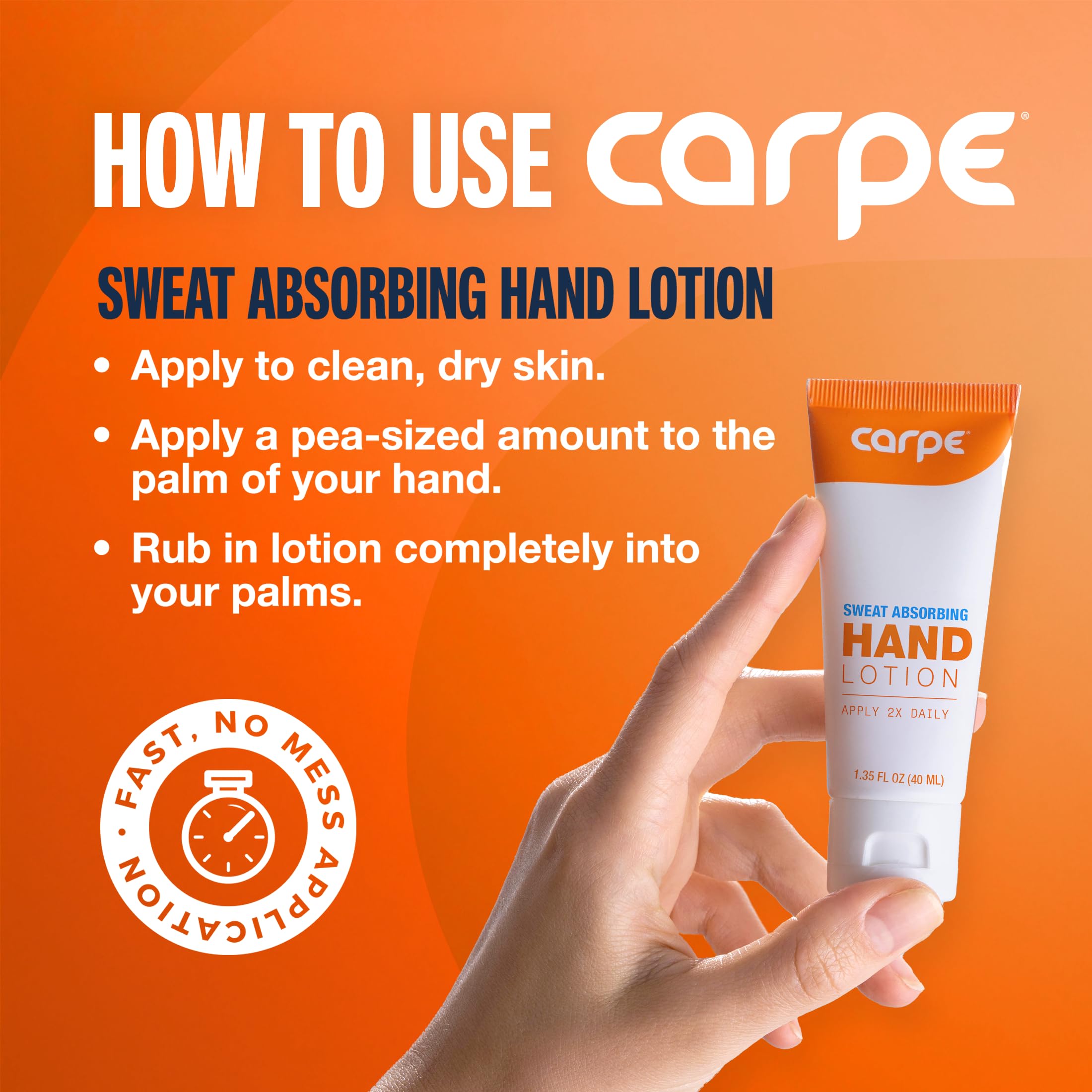 Carpe lotion absorbante mains, texture légère et non grasse qui sèche rapidement.