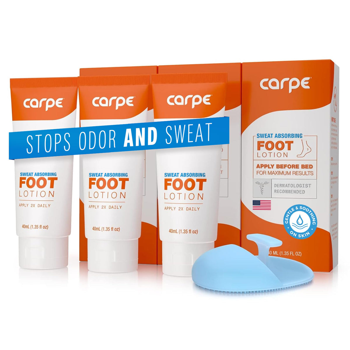 Carpe Lotion Pieds Absorbante avec applicateur offert, pratique et précise.