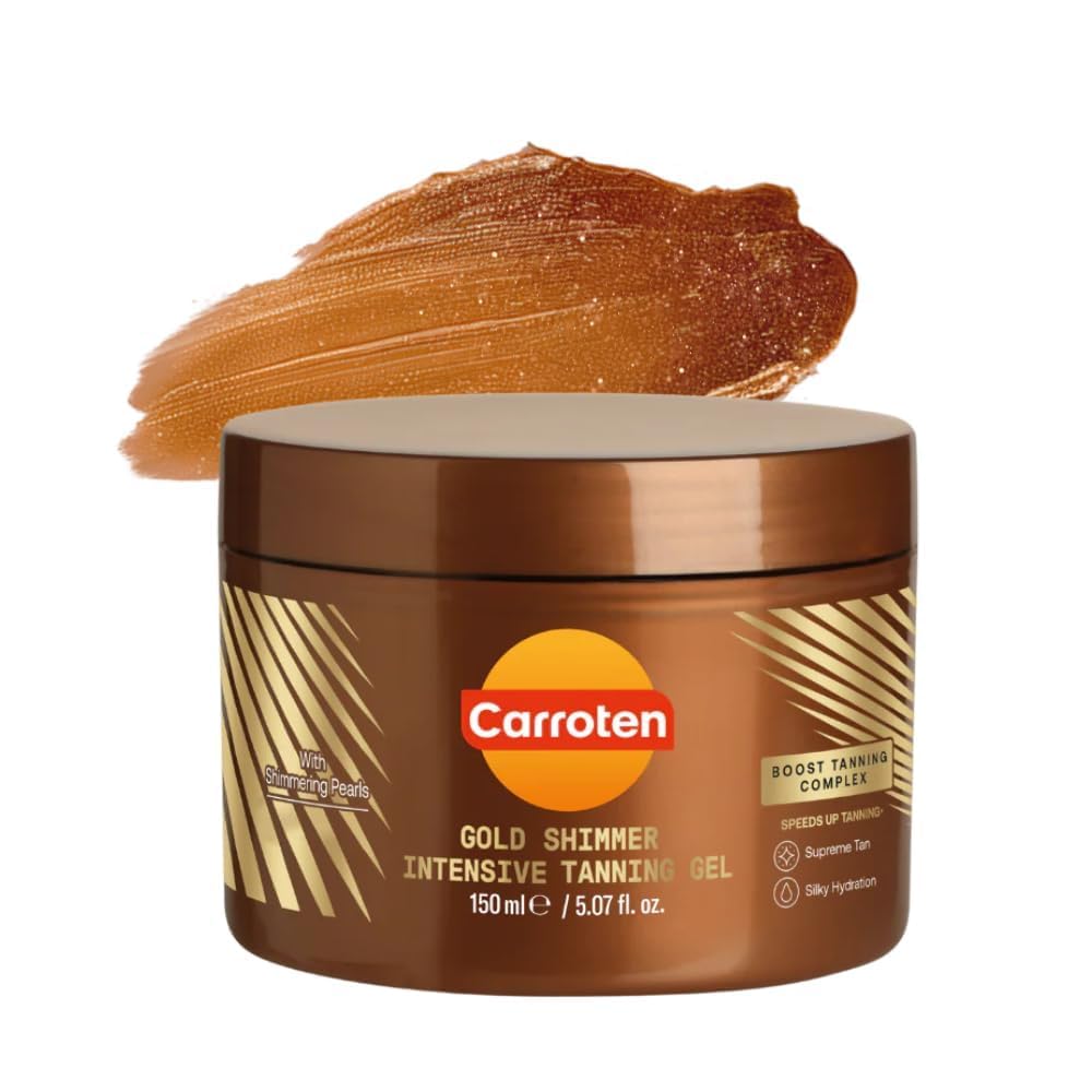 Carroten gel doré scintillant en flacon, pour un bronzage lumineux et naturel.