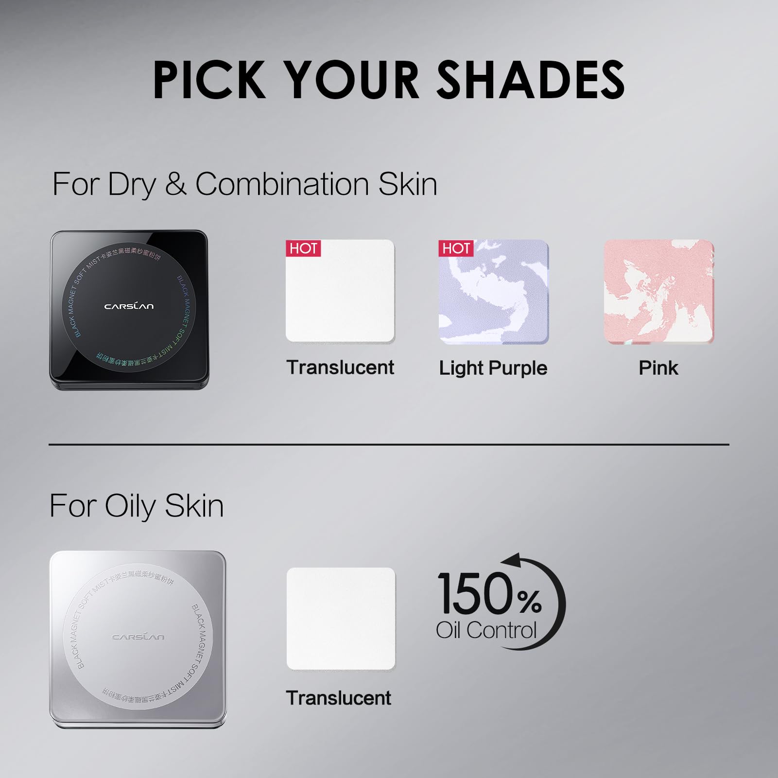 CARSLAN compact includes a mirror and puff for on-the-go touch-ups.