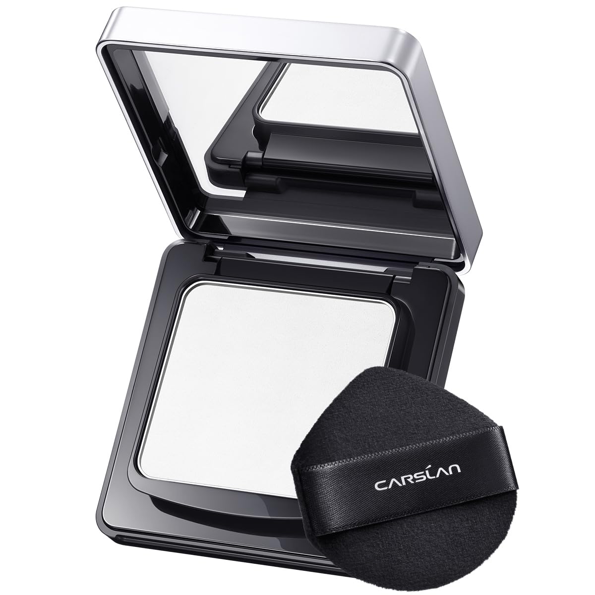 CARSLAN poudre compacte ouverte avec miroir et houppette pour retouches discrètes