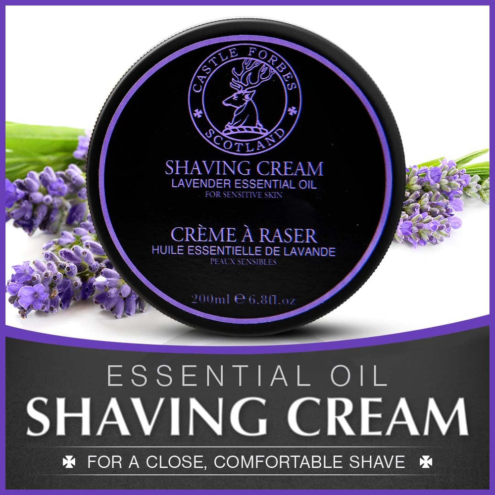 Castle Forbes Crème de rasage lavande – mousse onctueuse prête à protéger la peau.