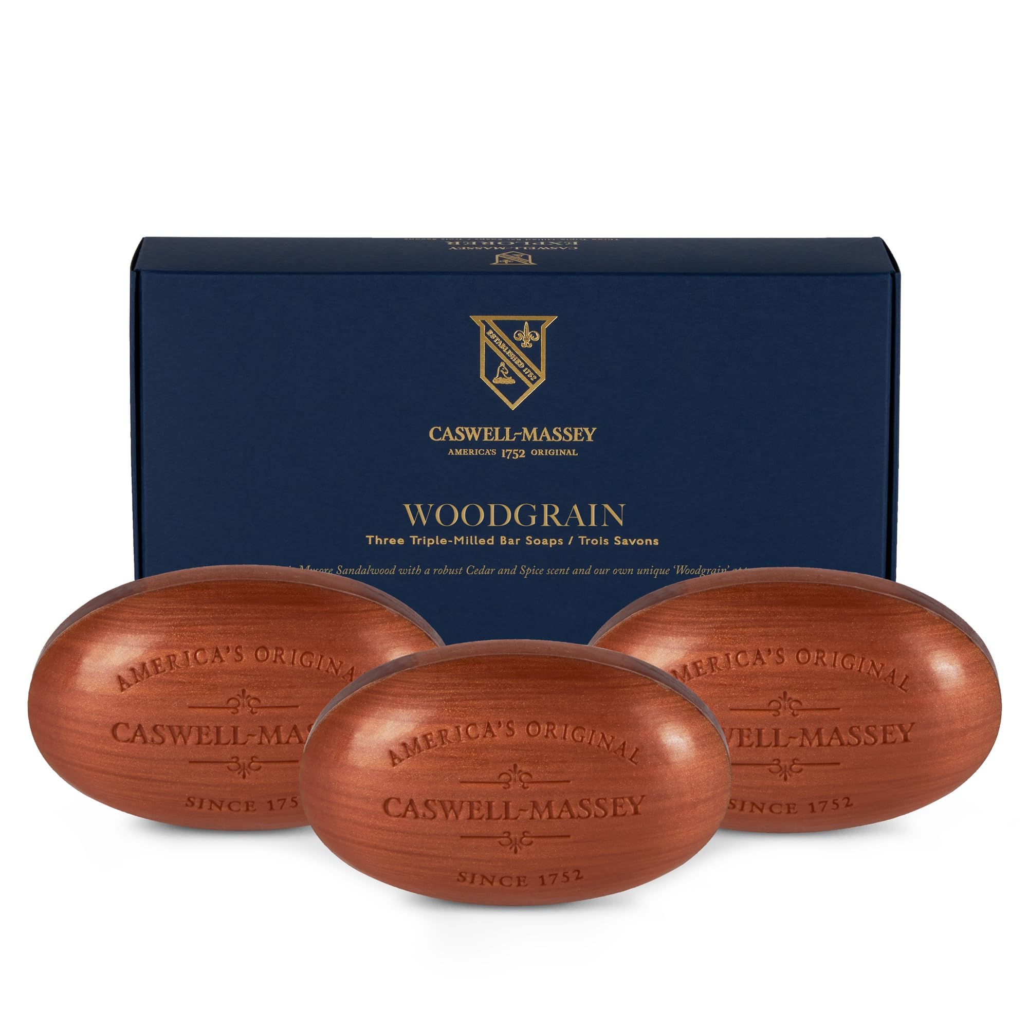 Caswell-Massey ensemble Savons Woodgrain Santal, trio élégant pour rituel de bain quotidien.