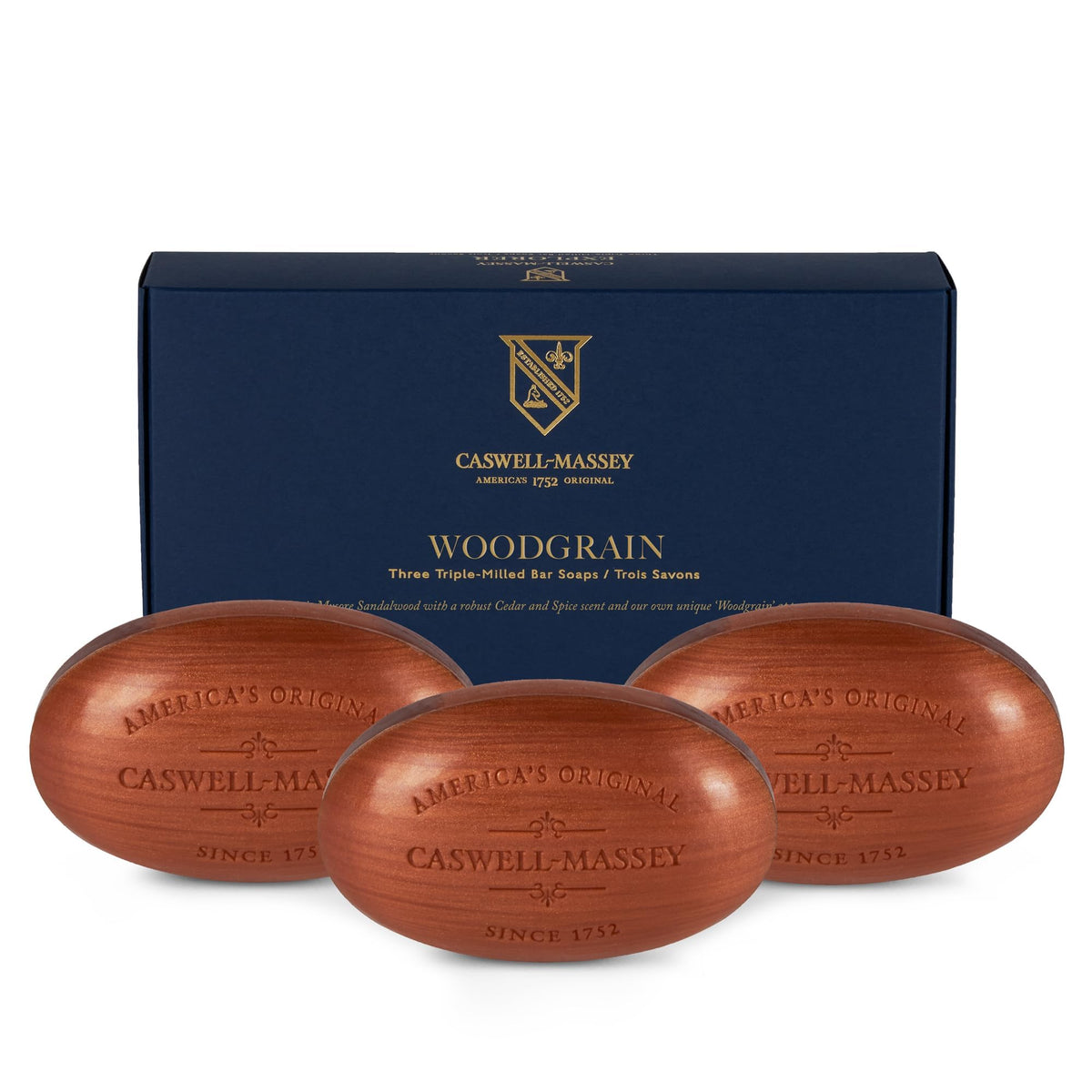 Caswell-Massey ensemble Savons Woodgrain Santal, trio élégant pour rituel de bain quotidien.