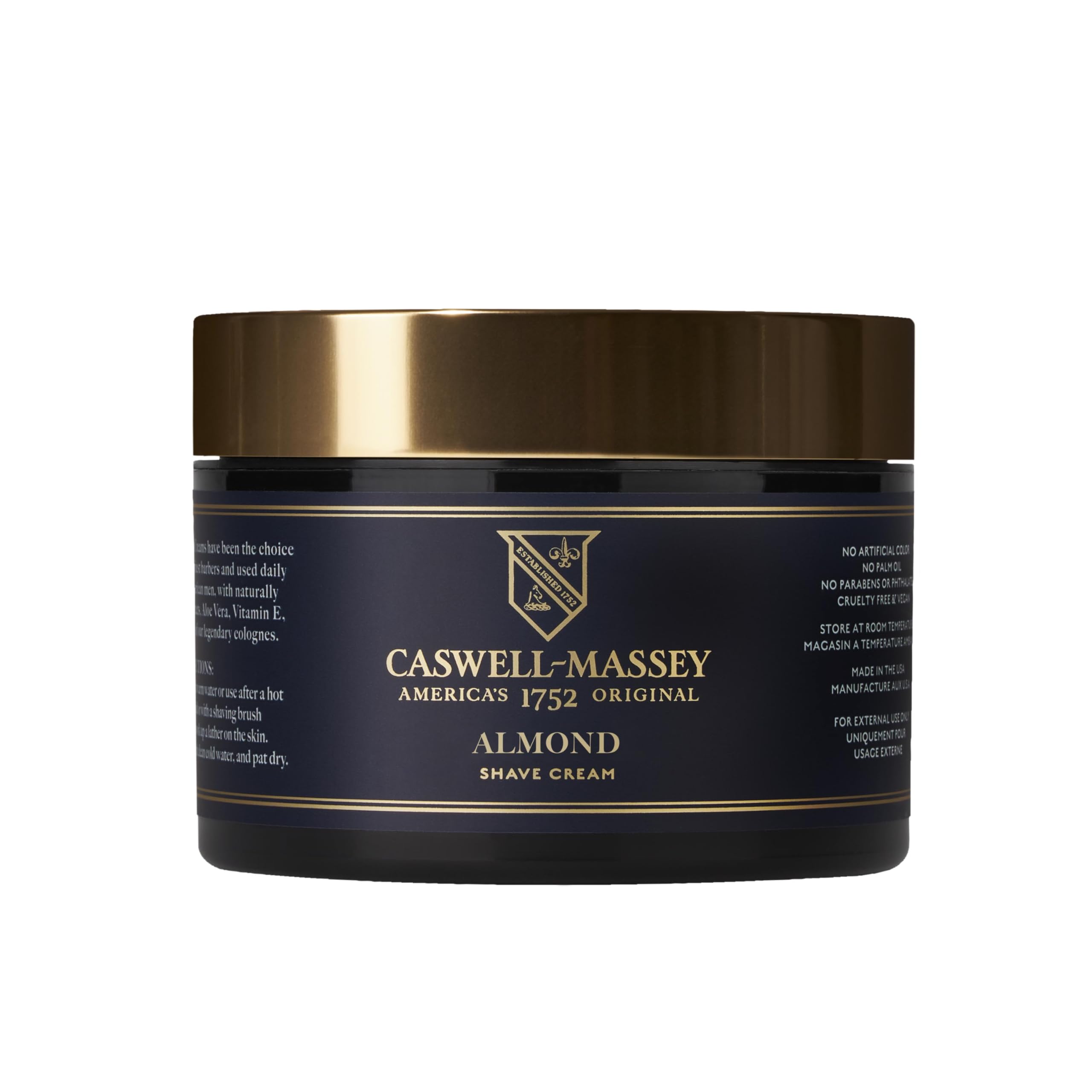 Caswell-Massey Heritage Almond Shave Cream – Bouteille élégante, hydratation riche pour un rasage doux.