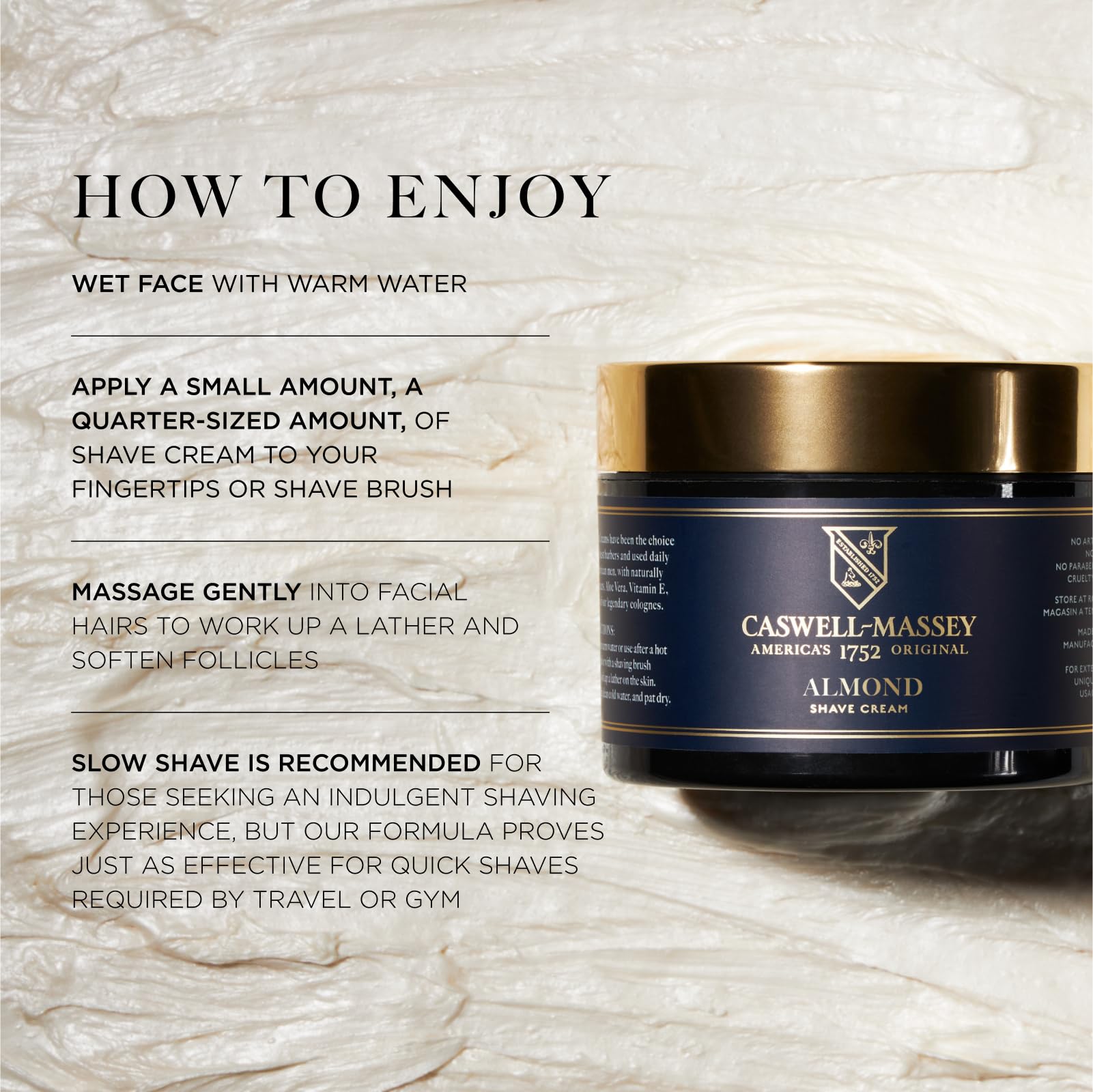 Caswell-Massey Heritage Almond Shave Cream – Massage du visage pour adoucir les poils et préparer le rasage.