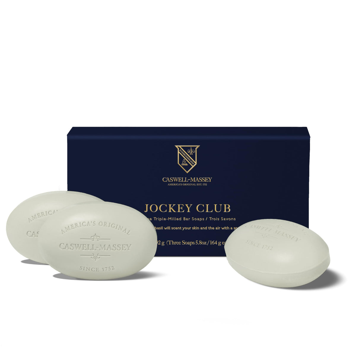 Coffret Caswell-Massey Jockey Club avec trois barres savonneuses moulées.