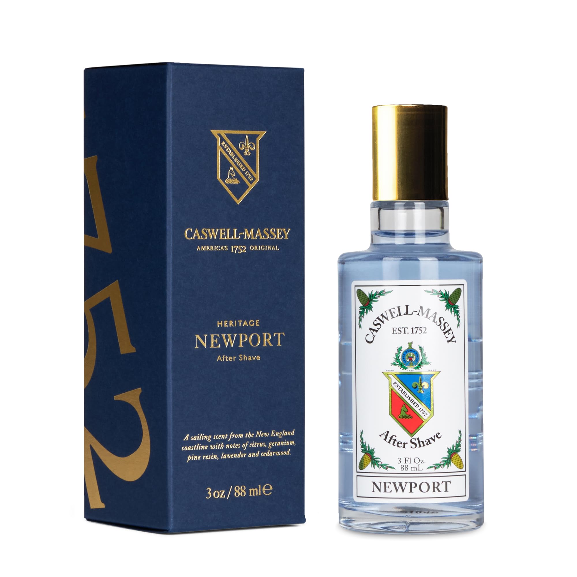 Caswell-Massey Newport, bouteille cap dore, allure premium pour rituel après-rasage.