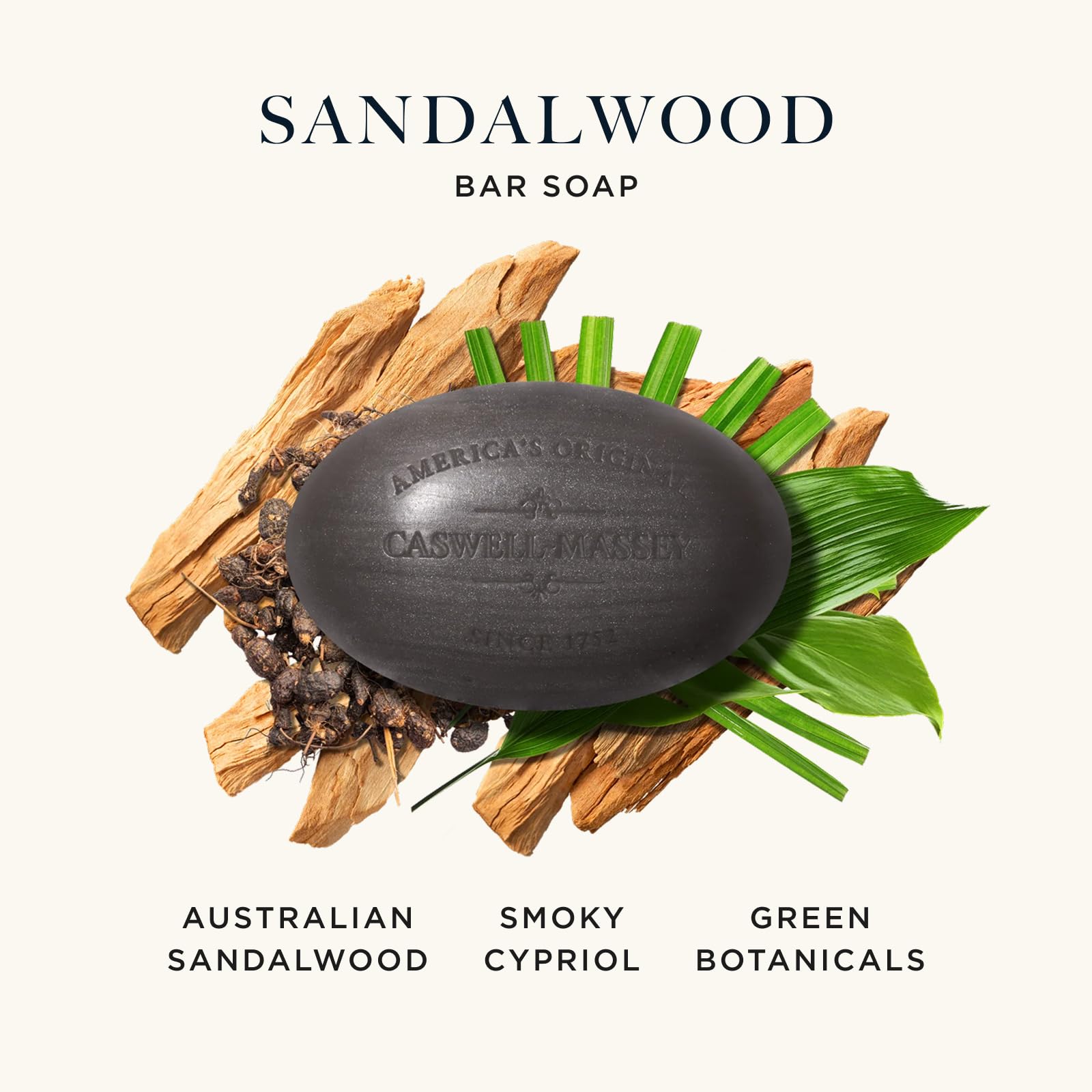 Détail de barre bois de santal Caswell-Massey, texture luxueuse et hydratante.
