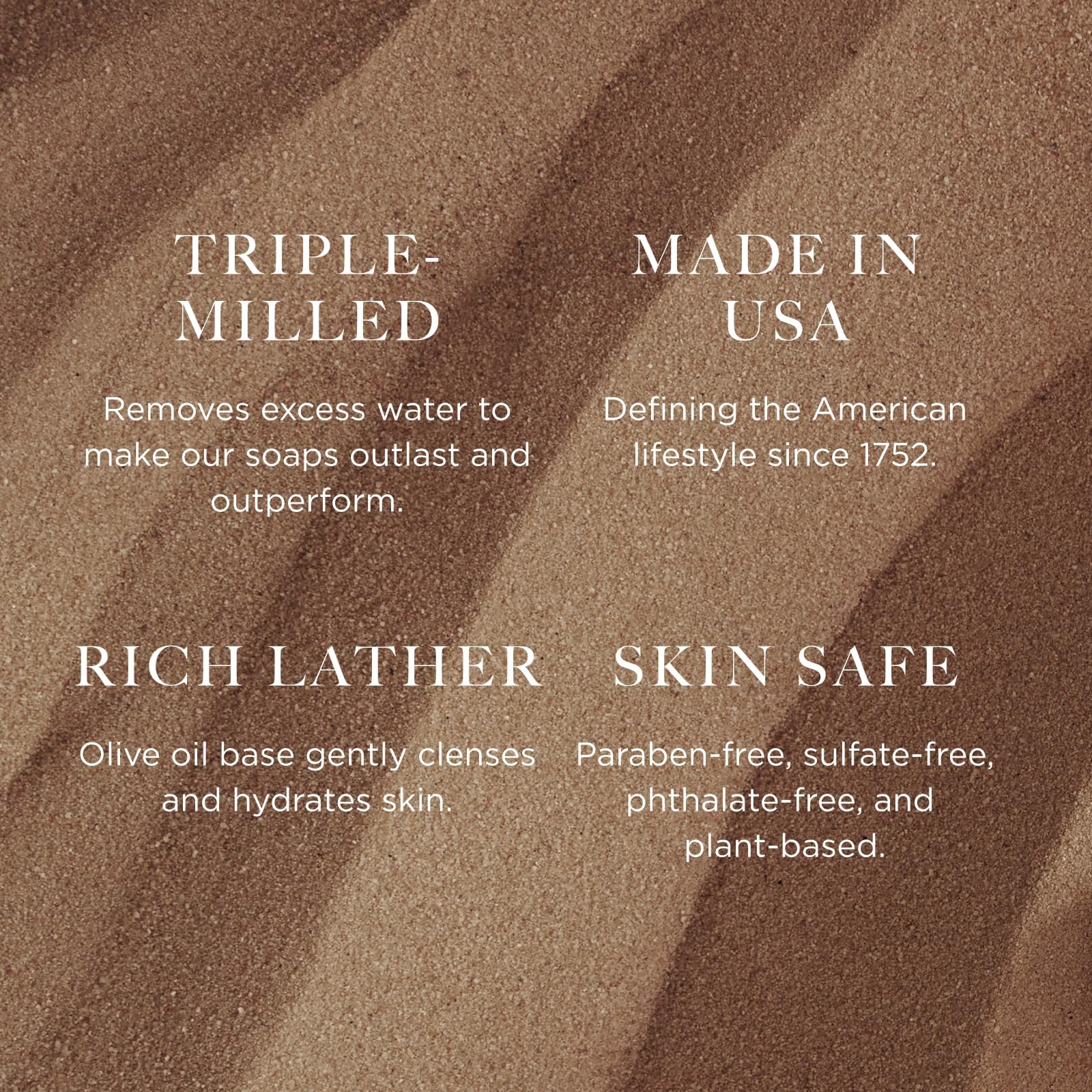 Savon moulé triple, texture riche et durable pour une mousse généreuse.