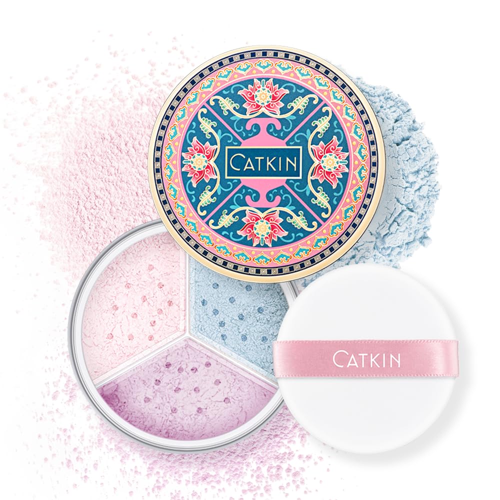 Catkin loose setting powder packaging with velour puff for easy at-home application.