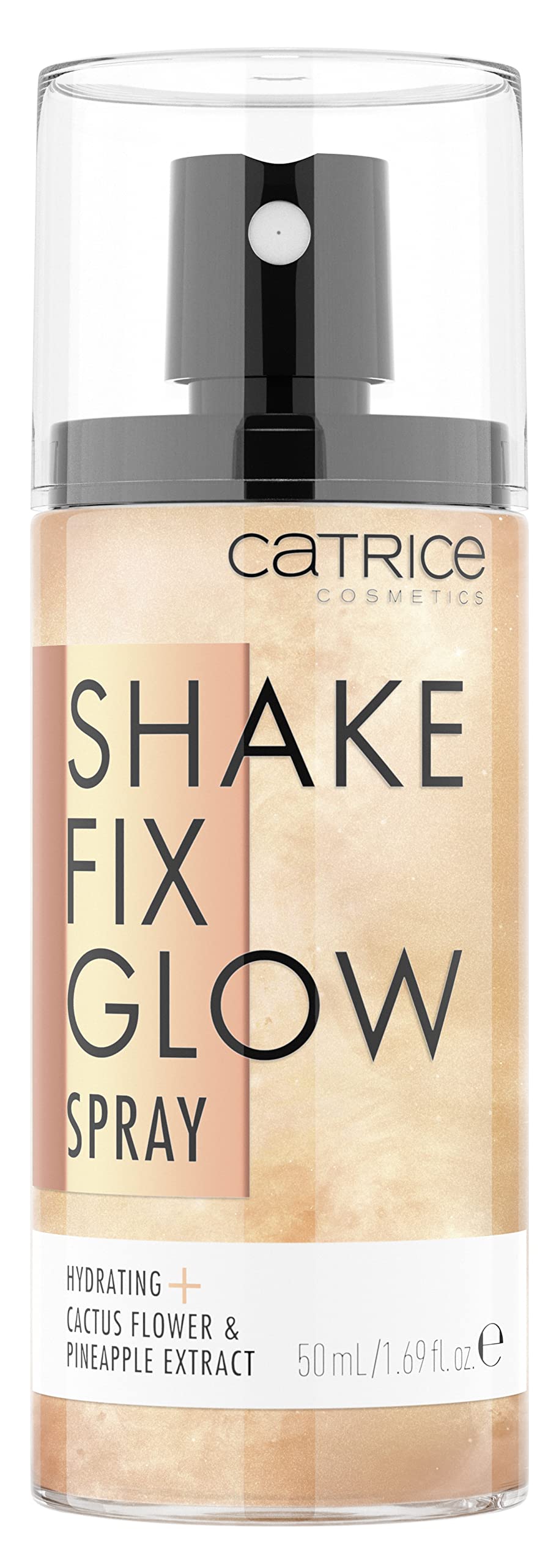 Catrice Shake Fix Glow Spray – bouteille lumineuse qui fixe le maquillage et hydrate la peau.