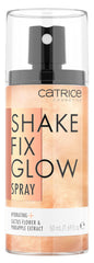 Catrice Shake Fix Glow Spray – bouteille lumineuse qui fixe le maquillage et hydrate la peau.