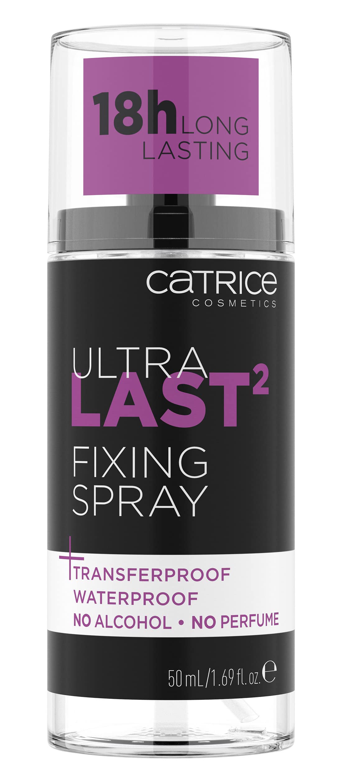 Catrice Ultra Last2 Fixing Spray, flacon transparent, tenue longue durée.