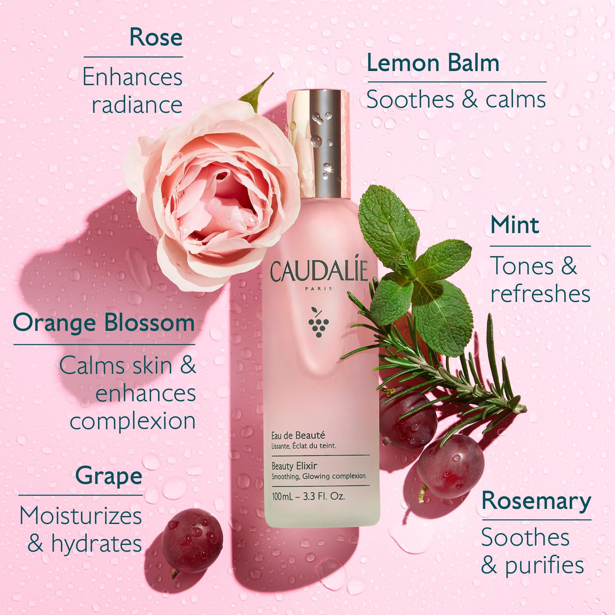 Caudalie Beauty Elixir, huiles essentielles menthe-rose-thym, parfum revitalisant.