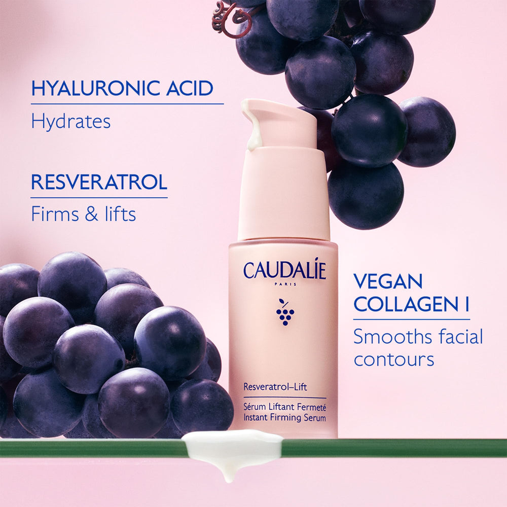 Caudalie Resveratrol-Lift: hyaluronique double taille pour hydrater et lisser.