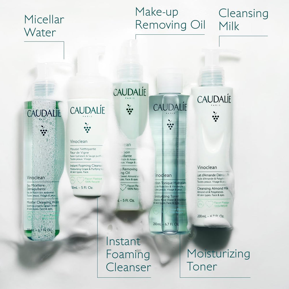 Caudalie Vinoclean Lait Nettoyant Doux, utilisation sans rinçage pour routine rapide.