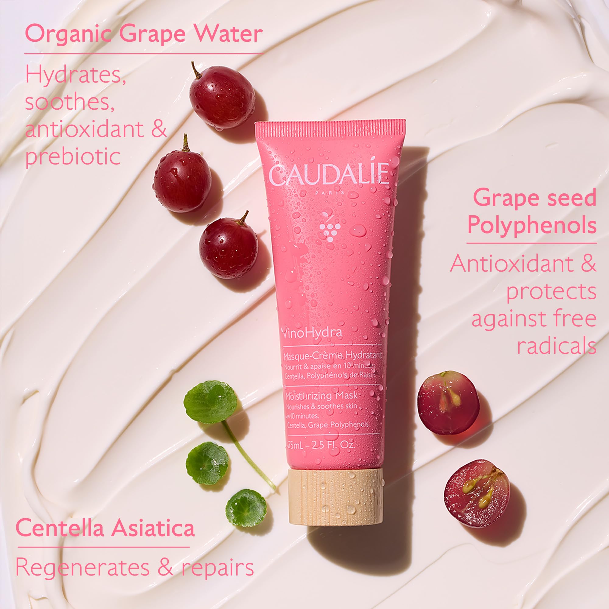 Caudalie VinoHydra masque, ingrédients-raisin-centella: hydratation et réparation cutanée.