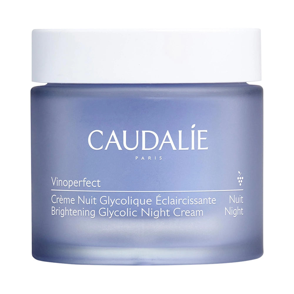 Caudalie Vinoperfect: crème nuit glycolique en bocal remplaçable, peau plus lisse au réveil.