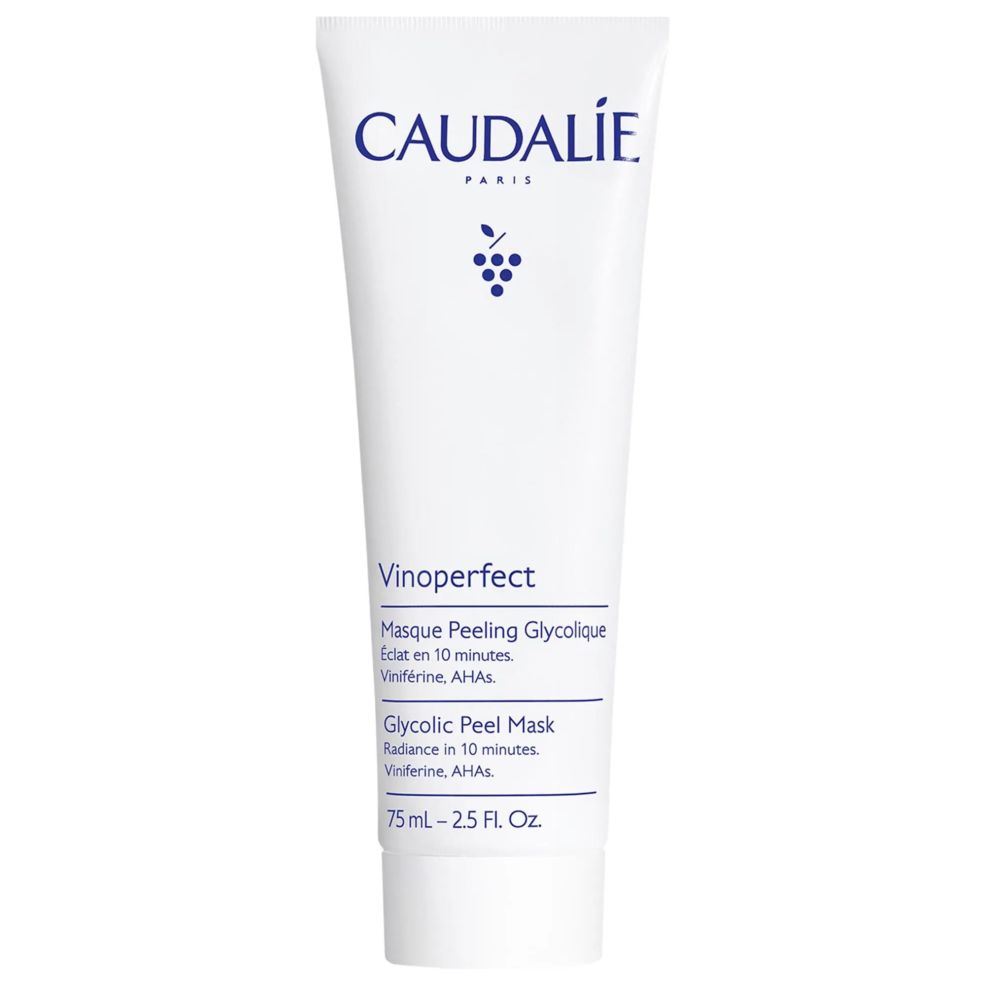 Caudalie Vinoperfect Masque Peel, bouteille 75 ml, révèle un teint plus lumineux en 10 minutes.