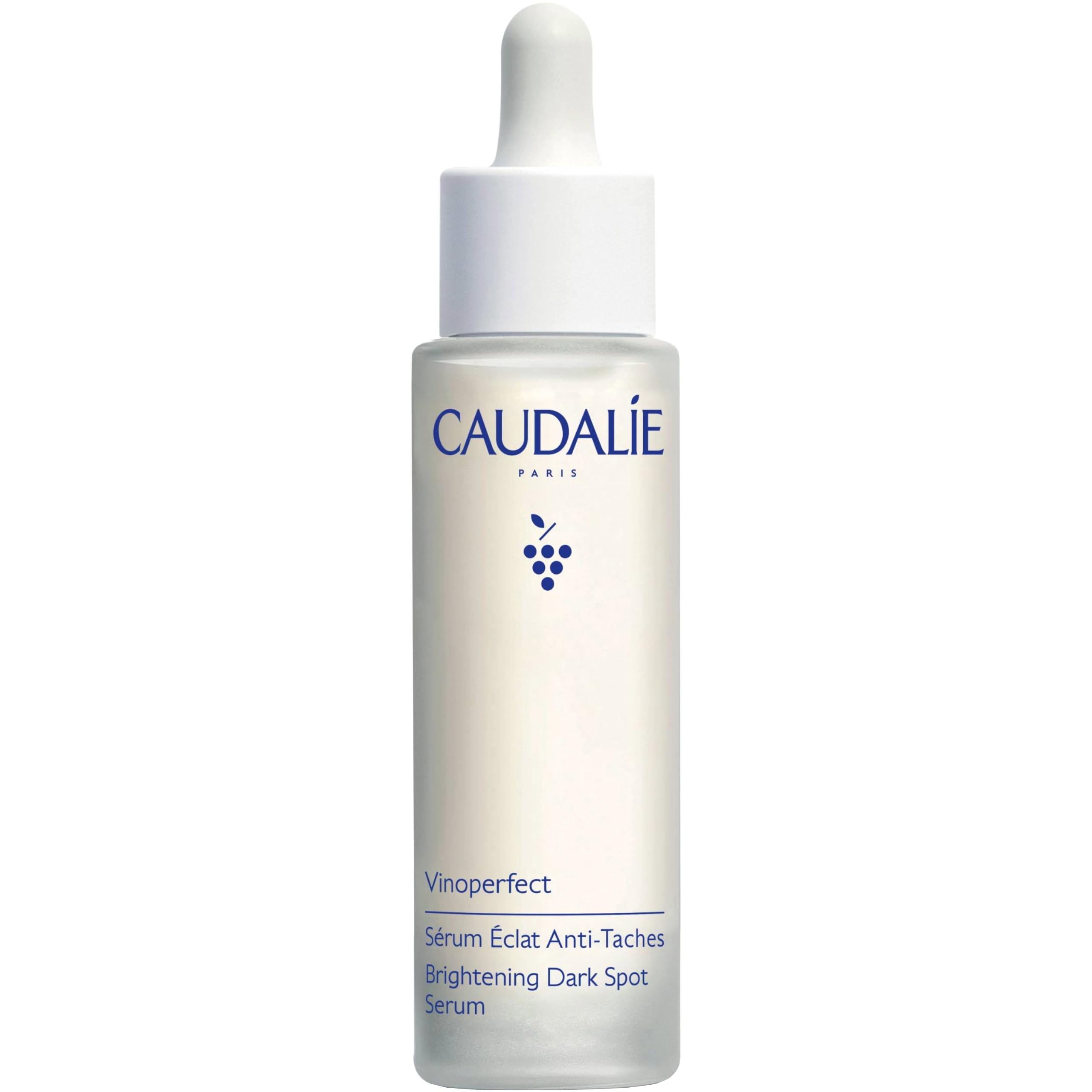Caudalie Vinoperfect Serum sur le visage, flacon lumineux et peau unifiée.