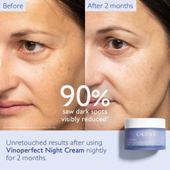 Caudalie Vinoperfect Crème Nuit Glycolique, peau homogène au réveil grâce à l'application nocturne.