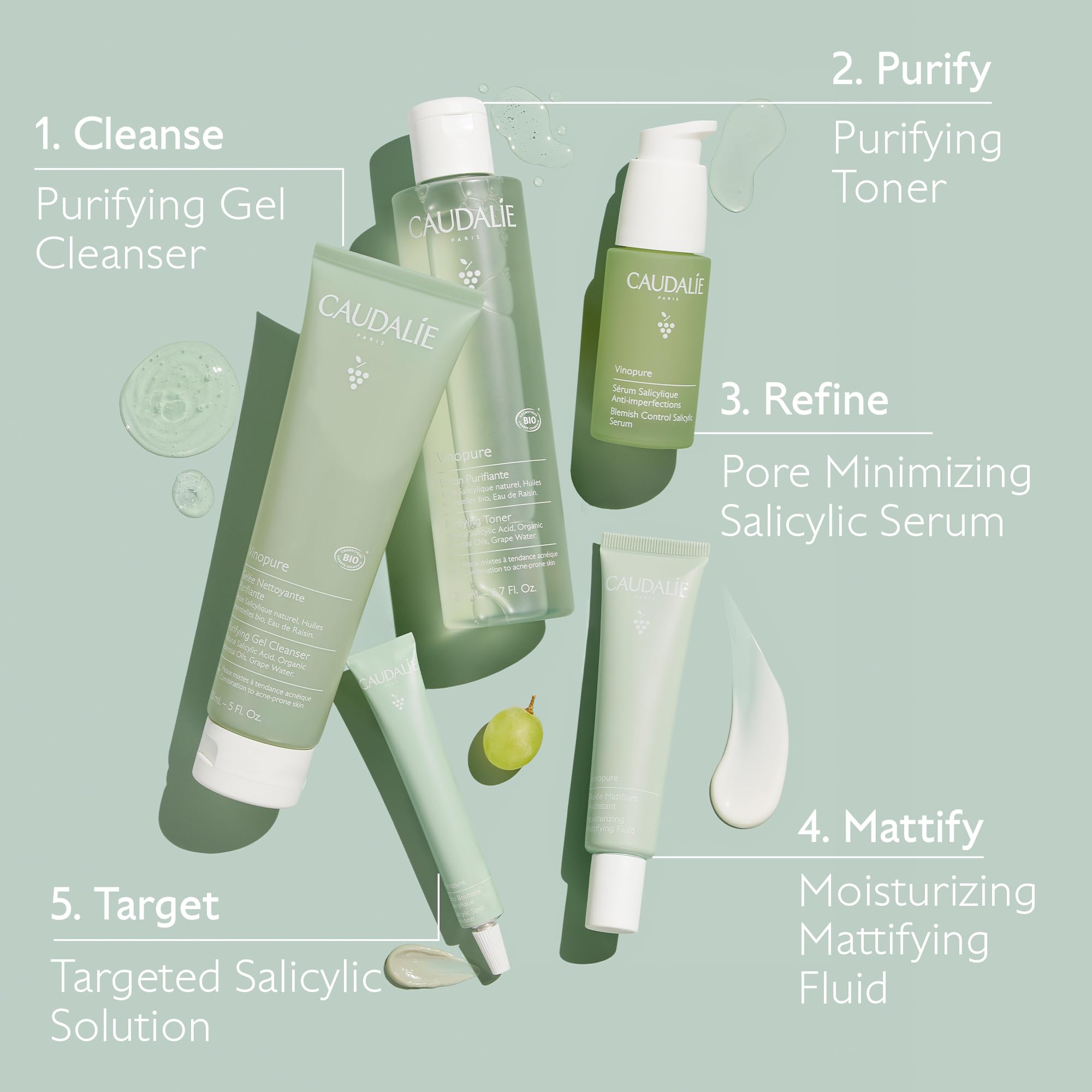 Caudalie Vinopure : utilisation matin et soir sur peau humide pour faire mousser