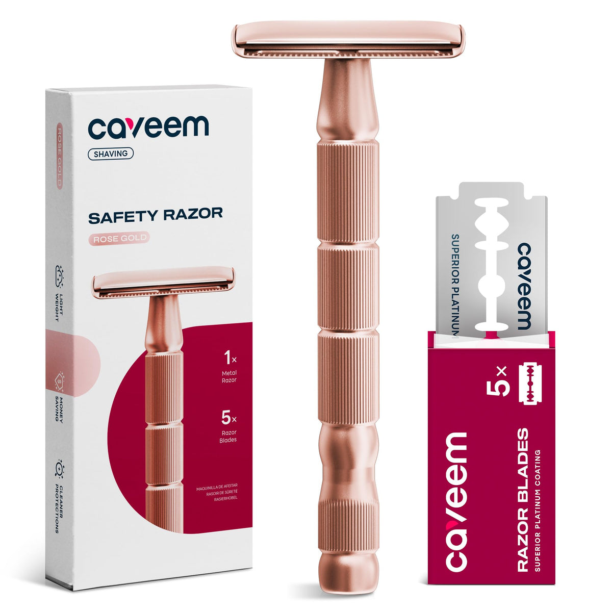 Rasoir Caveem Rose Gold: sécurité double-tranchant pour un rasage précis.