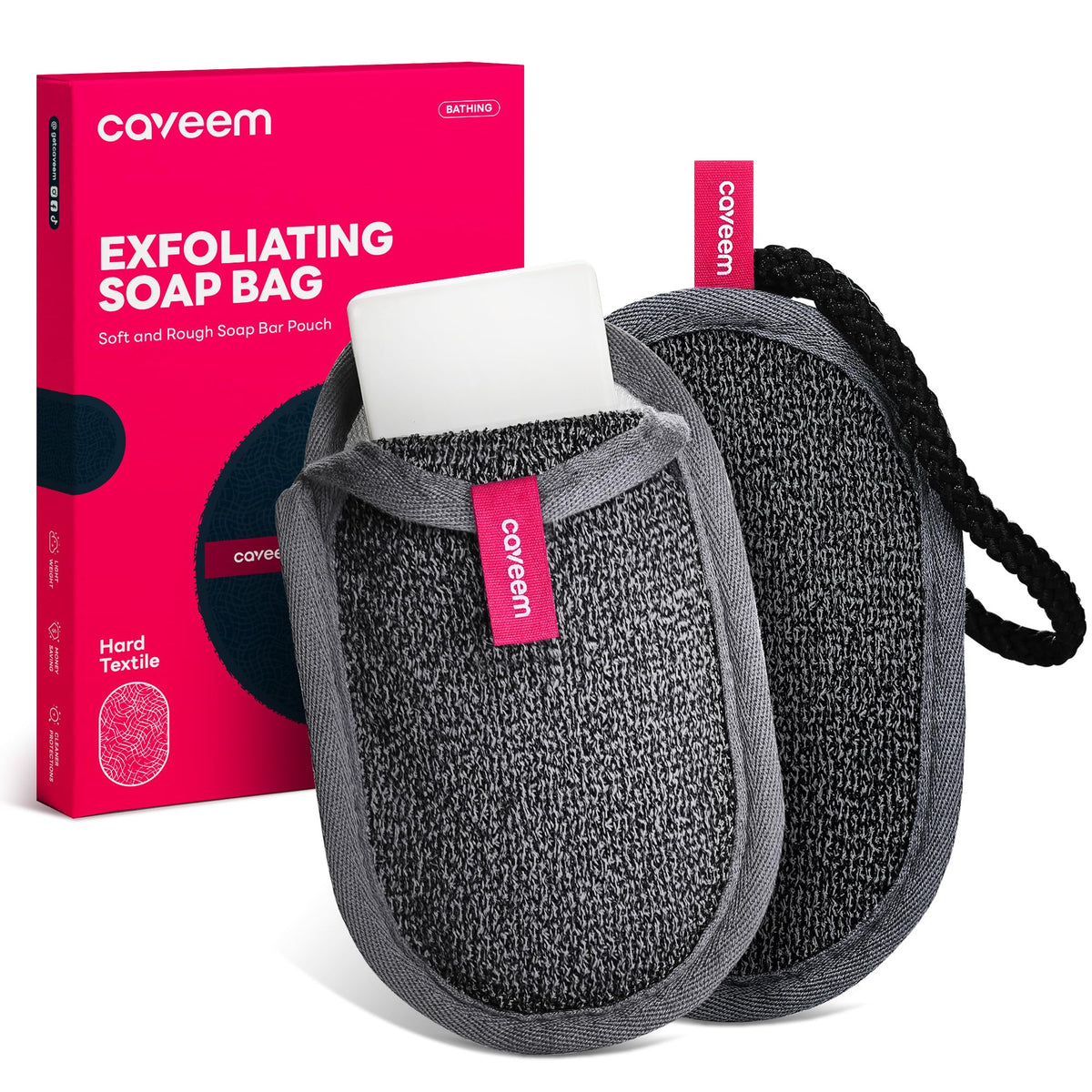 CAVEEM sac à savon exfoliant rugueux montre une texture abrasive pour exfolier en douceur