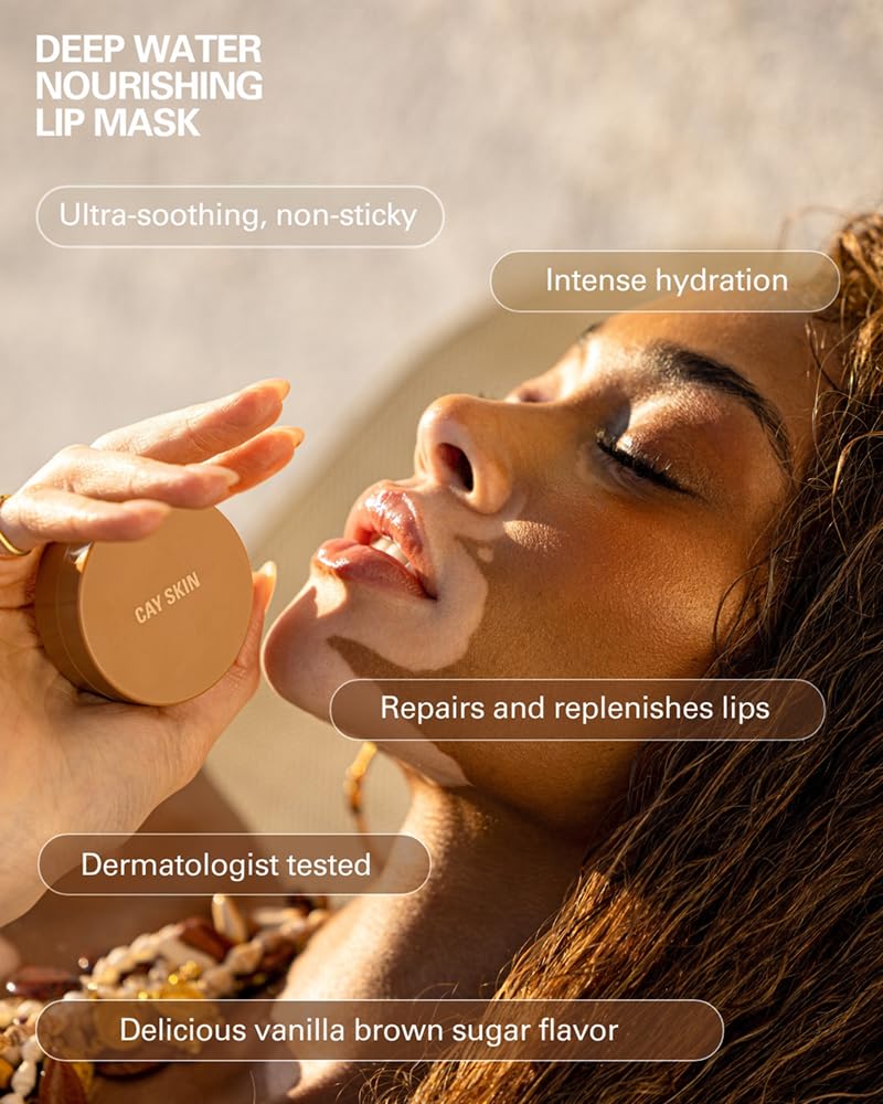 Cay Skin Deepwater Lip Mask montre un petit pot clair illustrant la texture hydratante