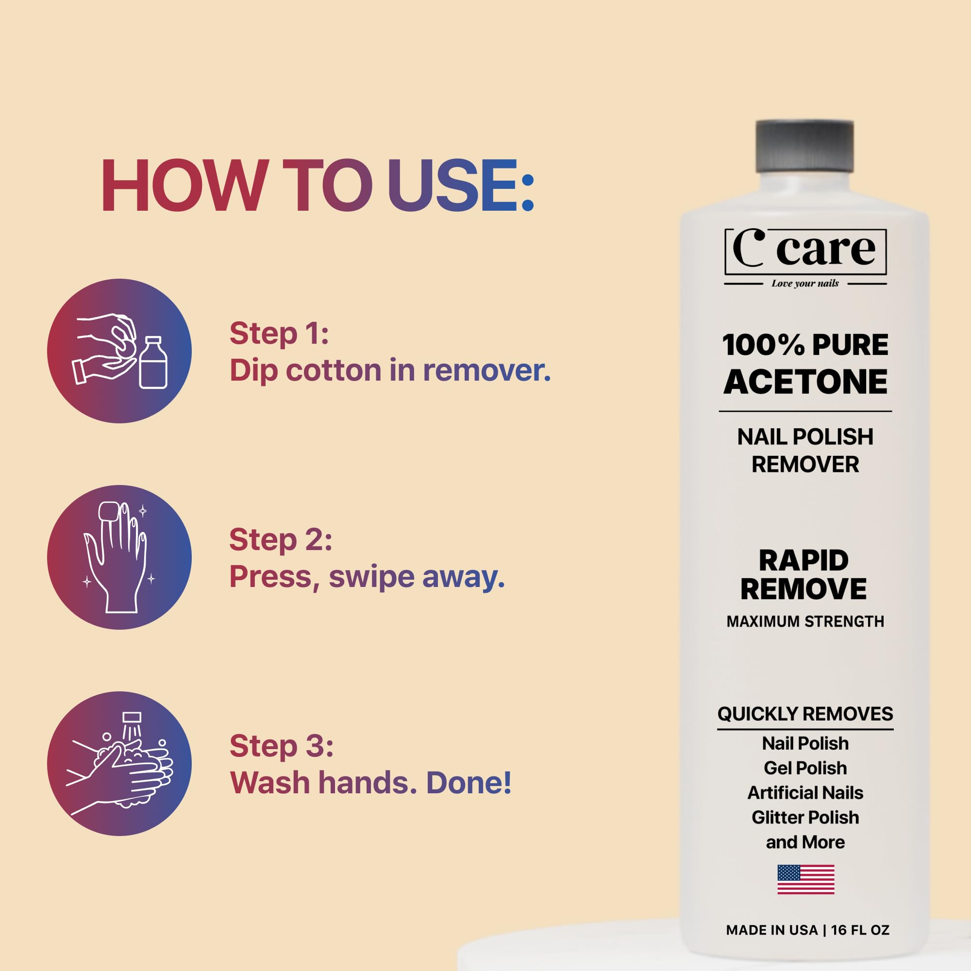 C CARE acetone used to clean and degrease nail tools for prep and hygiene.