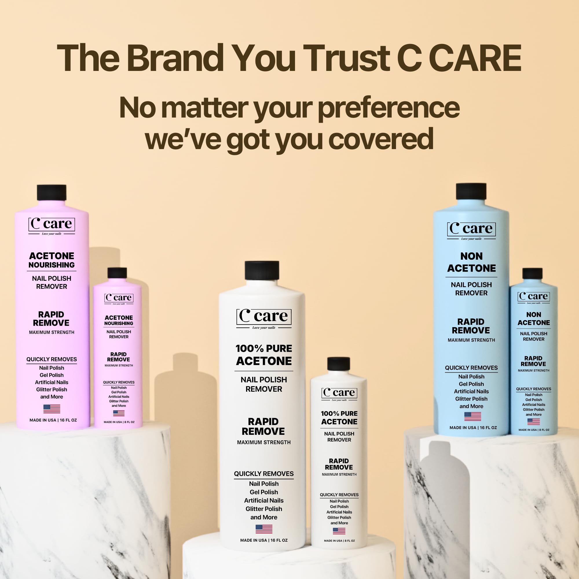 C CARE acetone efficiently dissolves glitter polish for easy removal.