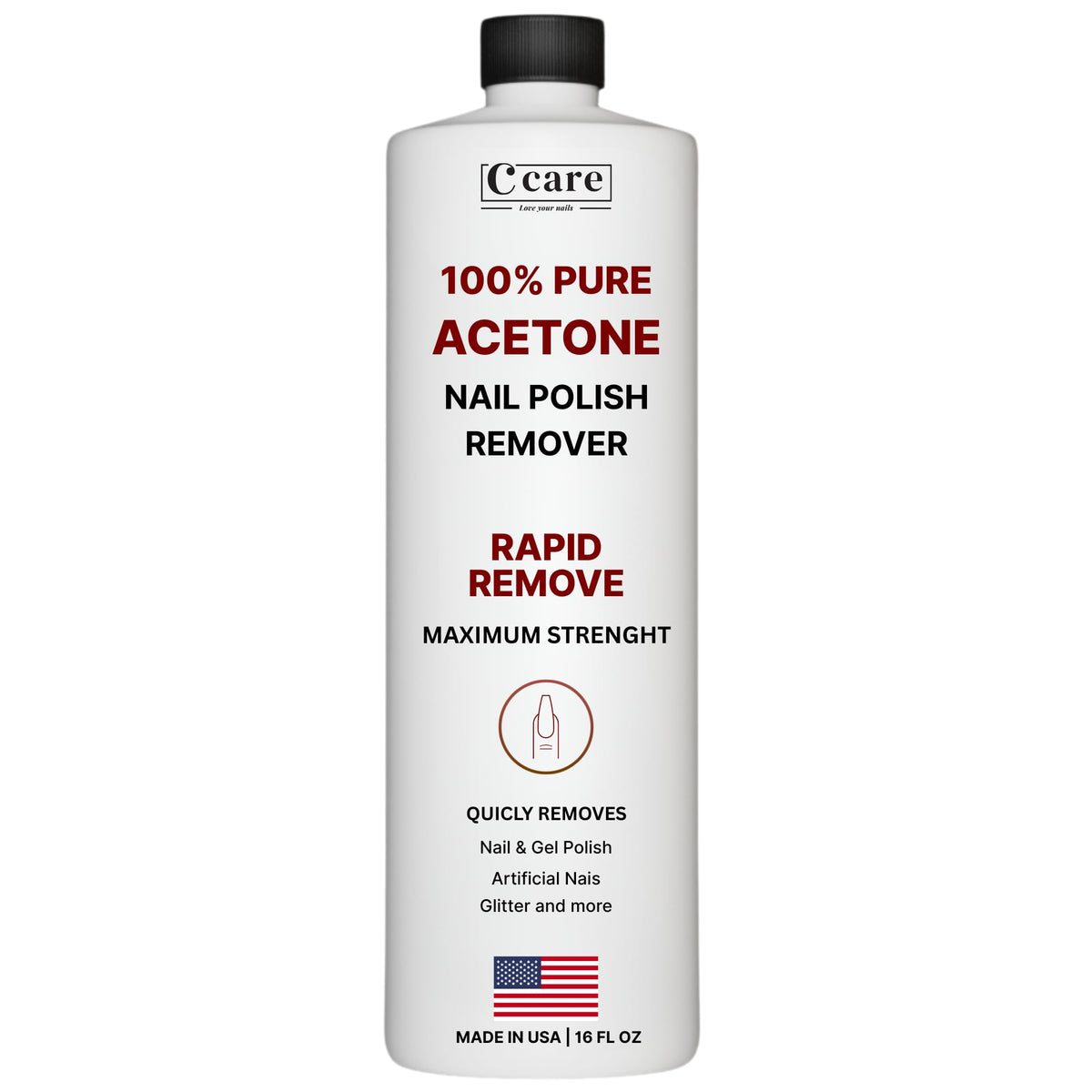 C CARE 100% Pure Acetone bottle for fast nail polish removal and professional results.